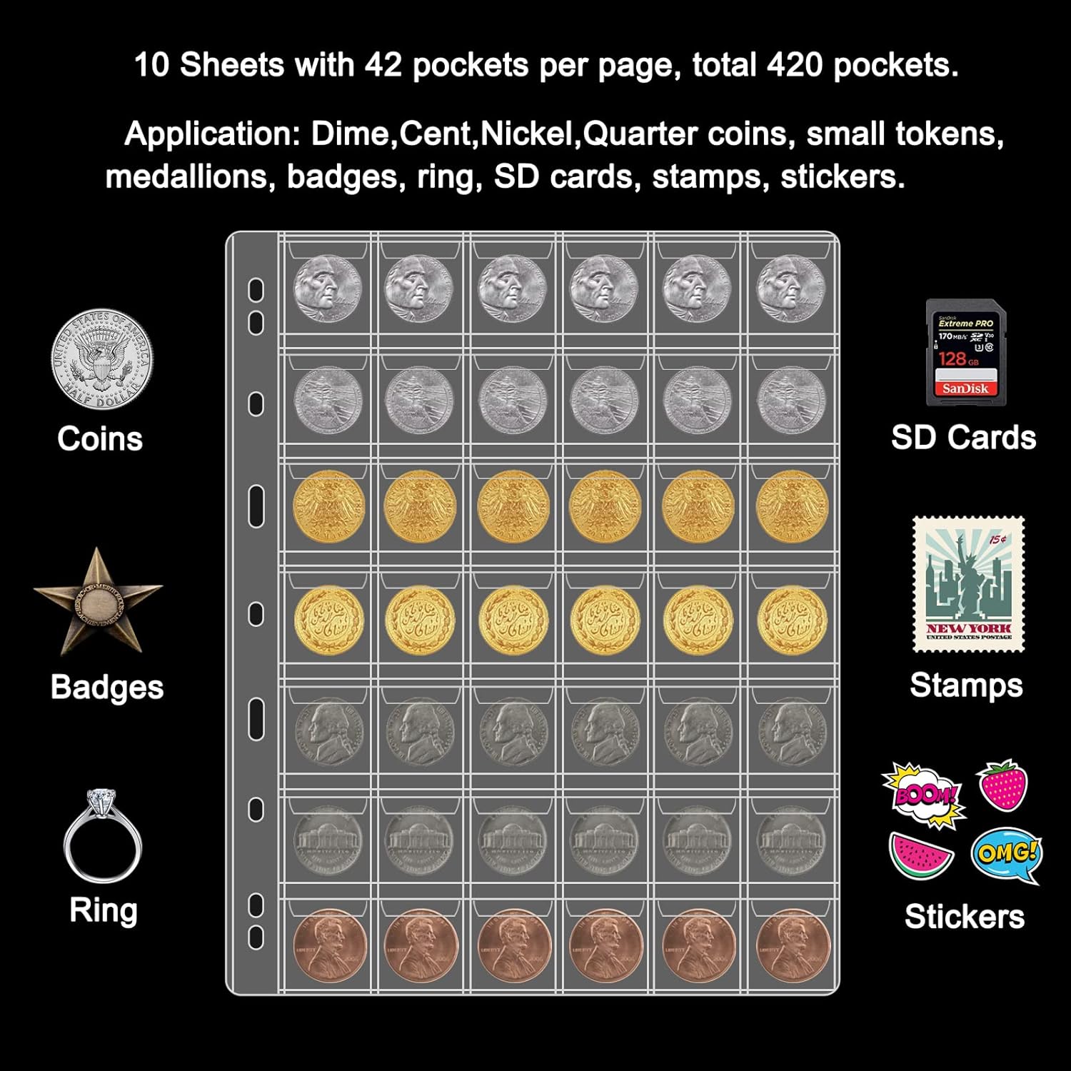Alternative view of 42 Pocket Coin Pages for Collectors, 10 Sheets Coins Sleeves Coin Holders Stamp Collector Supplies with Standard 9 Hole for Coin Binder, Coin Collection Supplies Pages for Pennies Quarters Stamps