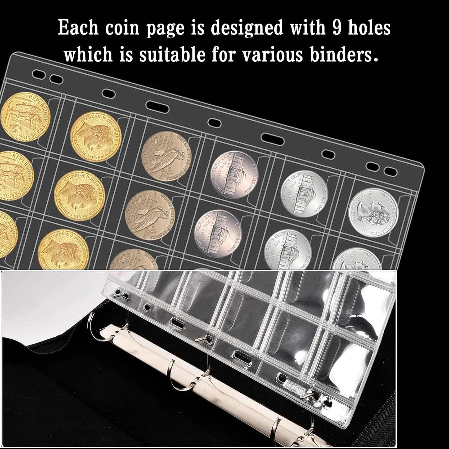 600 Pockets Coin Sleeves, 20 Sheets Coin Pages, Coin Collecting Supplies with Standard 9 Holes, Coin Sheets Plastic for Binder(30-Pocket) - Image 3
