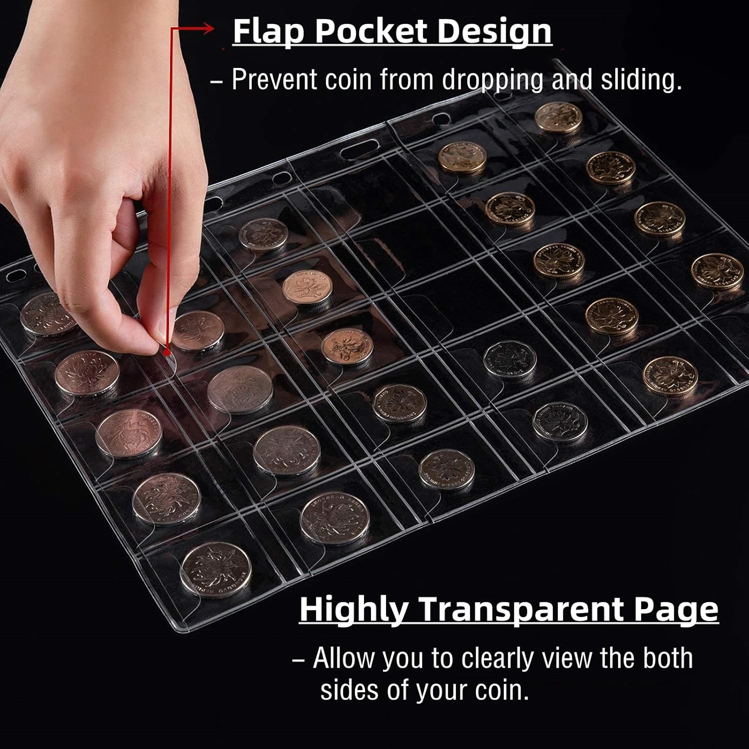 600 Pockets Coin Sleeves, 20 Sheets Coin Pages, Coin Collecting Supplies with Standard 9 Holes, Coin Sheets Plastic for Binder(30-Pocket) - Image 4