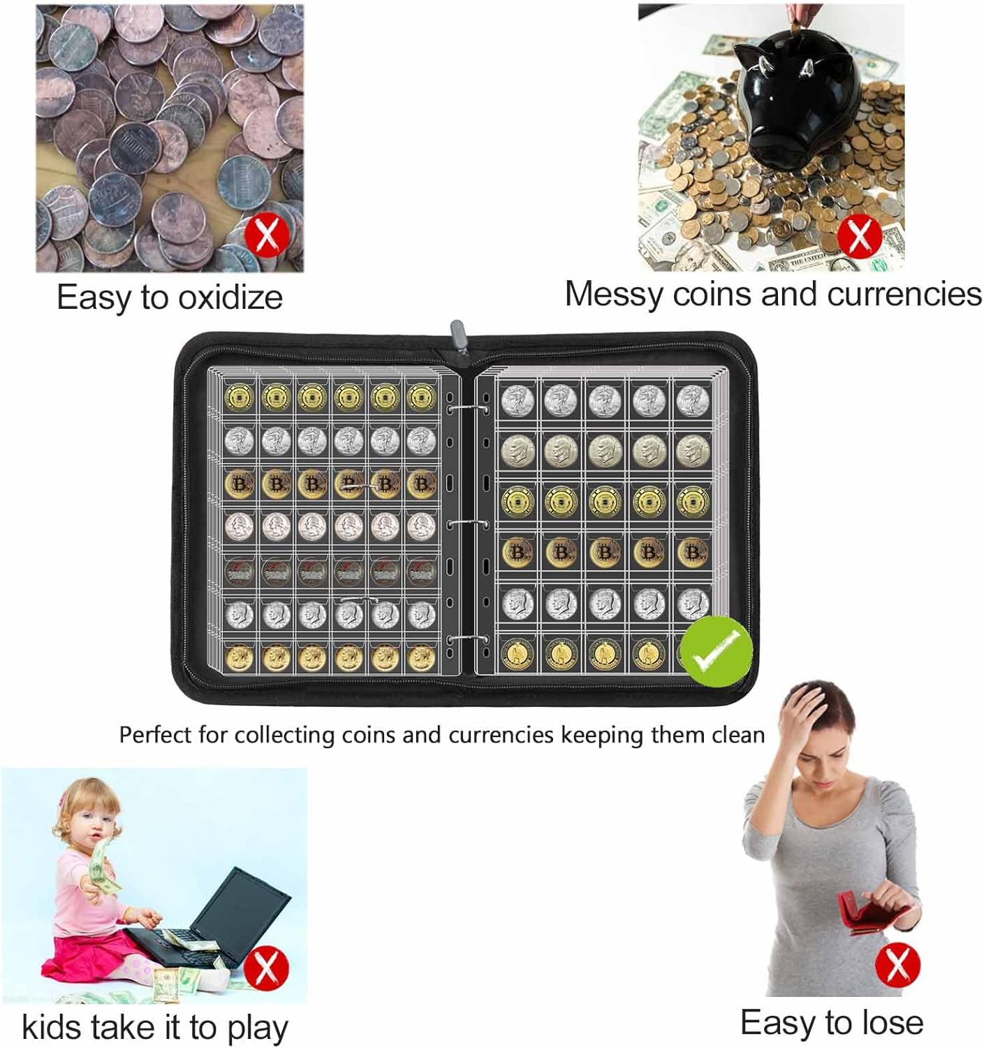 576 Pockets Coin Collection Album Book Holder for Collectors, 2 Size Coin Collecting Pages Fireproof Coin Collecting Album for 17/20/23/25/27/30mm Coins - Image 6