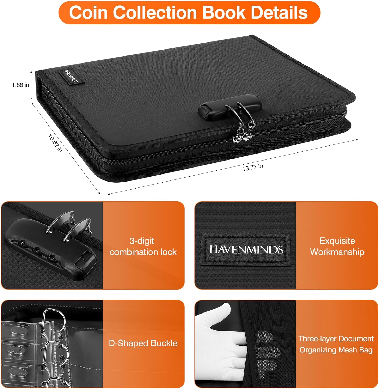 Alternative view of Coin Collection Book with Lock,Fireproof Holders for Collectors,300 Pockets Coin Collection Supplies & 72 Sleeves Currency Storage Case,Coin Organizer Collecting Album for Bill,Pennies,Quarters,Stamp