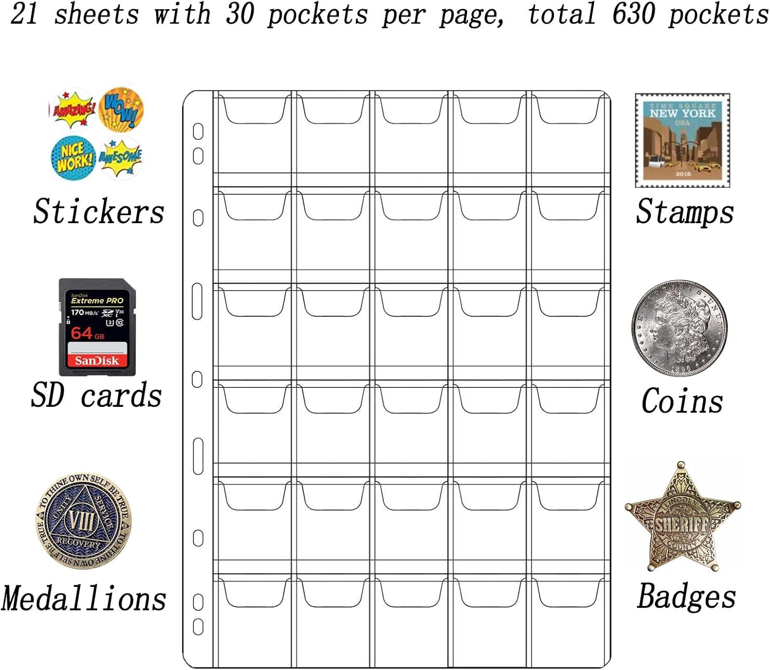630 Pockets Coin Collection Pages, 21 Sheets Coin Collection Supplies Pages with Standard 9 Hole Coin Binder Sleeves for Penny, Nickel, Dime, Quarter Dollar, Half Dollar and Dollar (30 Pocket) - Image 5