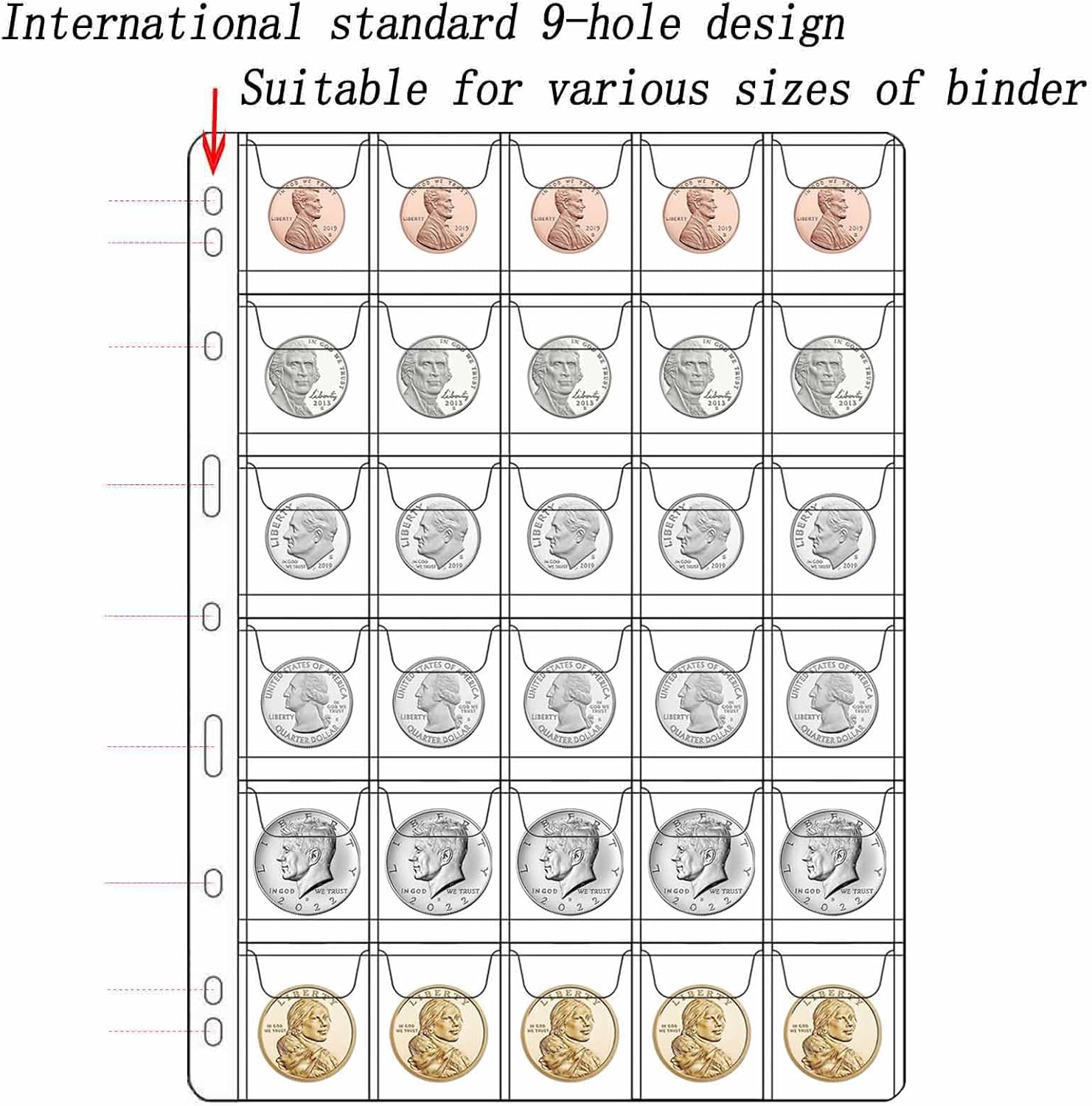 630 Pockets Coin Collection Pages, 21 Sheets Coin Collection Supplies Pages with Standard 9 Hole Coin Binder Sleeves for Penny, Nickel, Dime, Quarter Dollar, Half Dollar and Dollar (30 Pocket) - Image 6