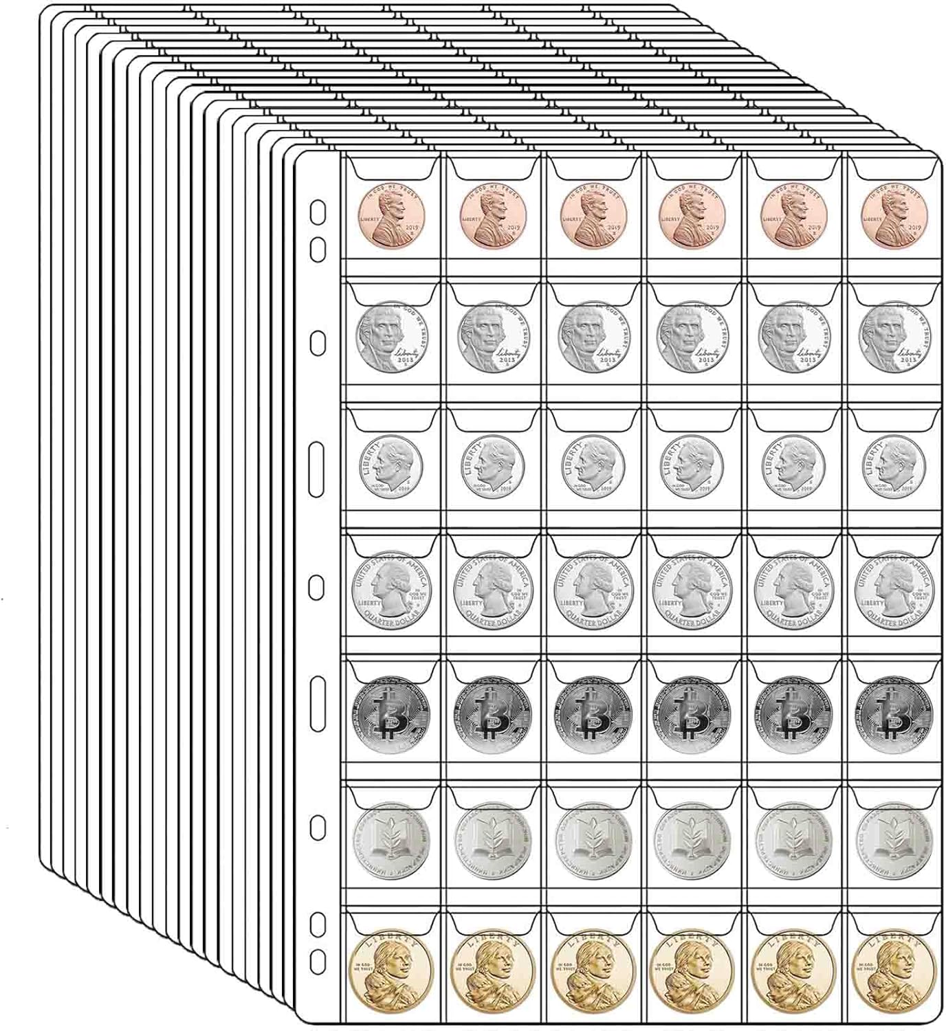 630 Pockets Coin Collection Pages, 21 Sheets Coin Collection Supplies Pages with Standard 9 Hole Coin Binder Sleeves for Penny, Nickel, Dime, Quarter Dollar, Half Dollar and Dollar (30 Pocket) - Image 9