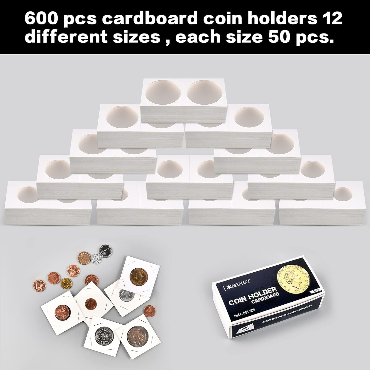 600pcs Coin Holders Cardboard Coins Flips 2x2, 12 Size Collection Supplies Album Display Sleeves Book for Dollars, Penny, Quarter, Nickels, Bill Commemorative Collecting - Image 5