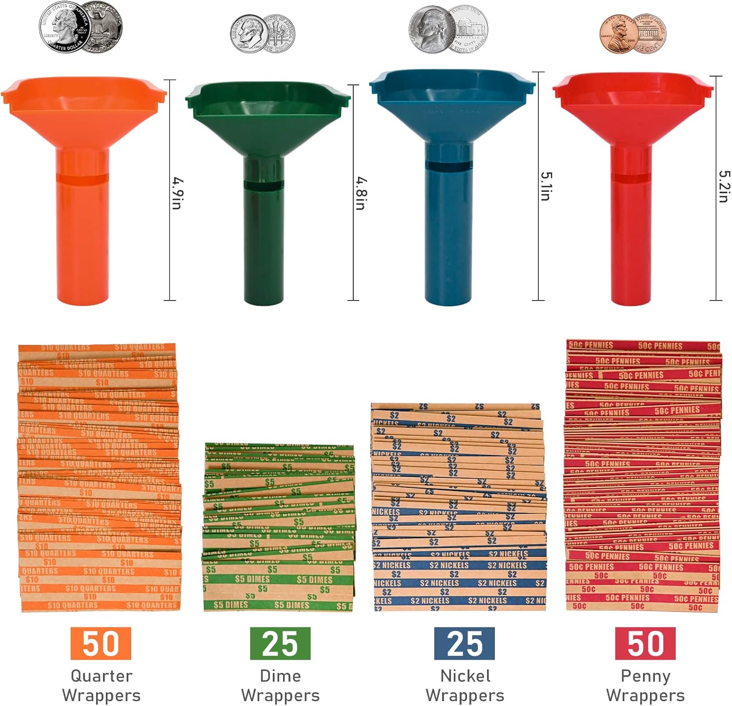 L LIKED 150 Assorted Flat Striped Coin Wrappers & 4 Coin Sorters Tubes, Color-Coded Coin Counters, Easy to Load