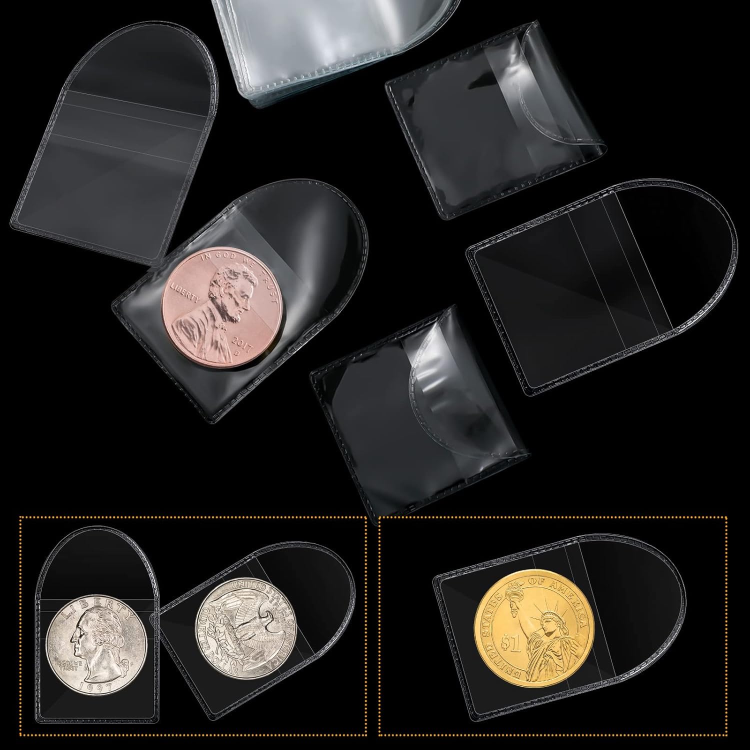 150 Pcs Single Pocket Coin Sleeves Currency Bill Holders Clear PVC Individual Sleeves Holders Coin Holder Currency Bills Protector Plastic Coin Pouch (Polygon, 2.2 x 2 Inch) - Image 3