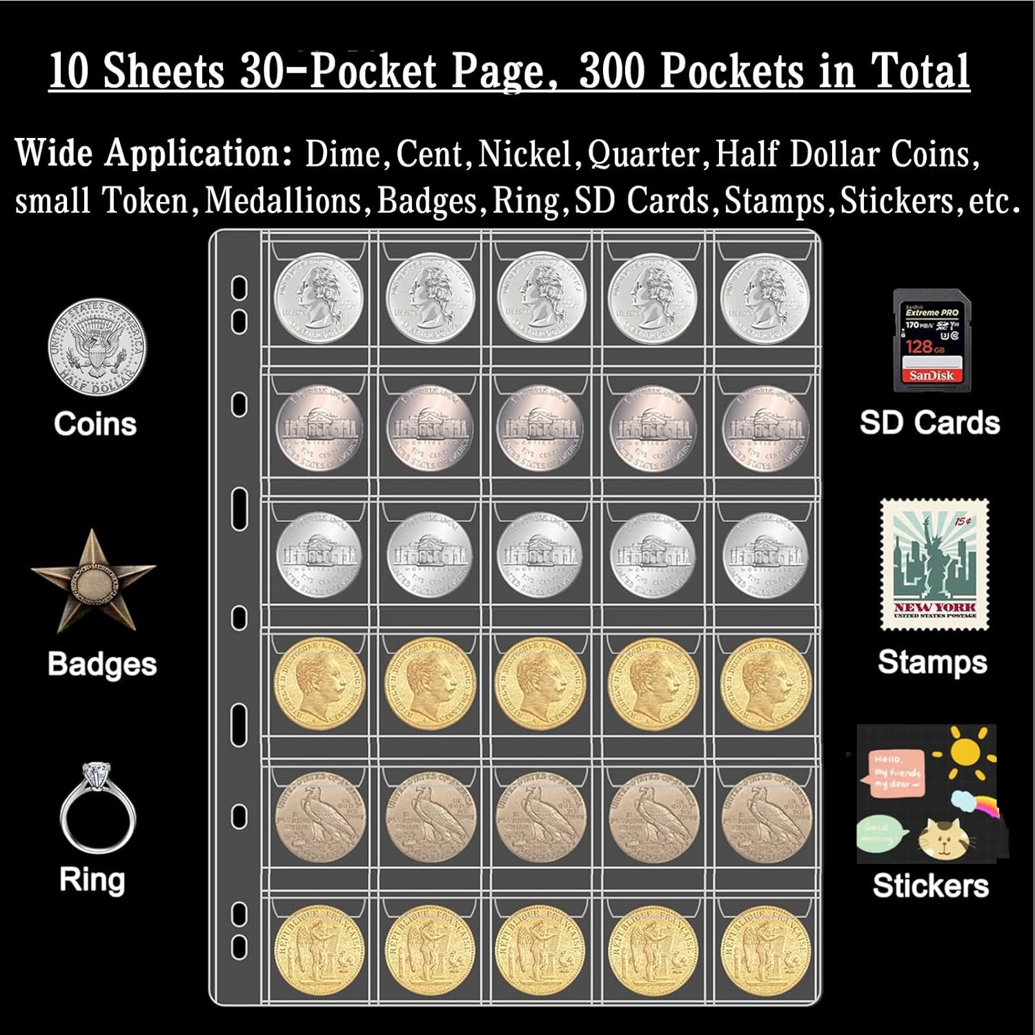 Alternative view of 600 Pockets Coin Sleeves, 20 Sheets Coin Pages, Coin Collecting Supplies with Standard 9 Holes, Coin Sheets Plastic for Binder(30-Pocket)