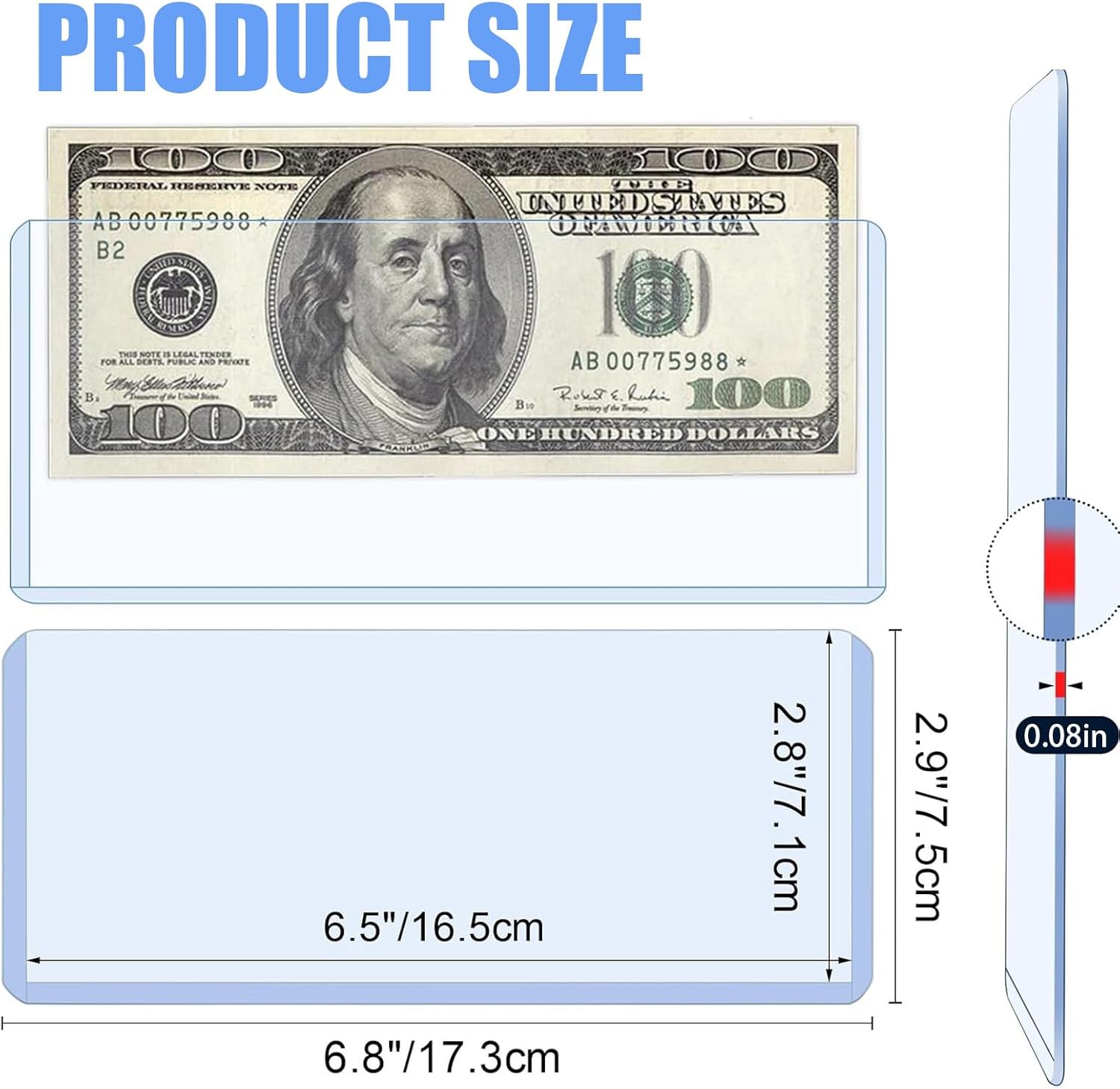 32 Pack Dollar Bill Sleeves, 6.8" x 2.9" Banknotes Top-Insert Holders, Hard Plastic Clear Money Holder, Waterproof Currency Sleeves Dollar Display Protector Organizer Case Supplies for Collectors