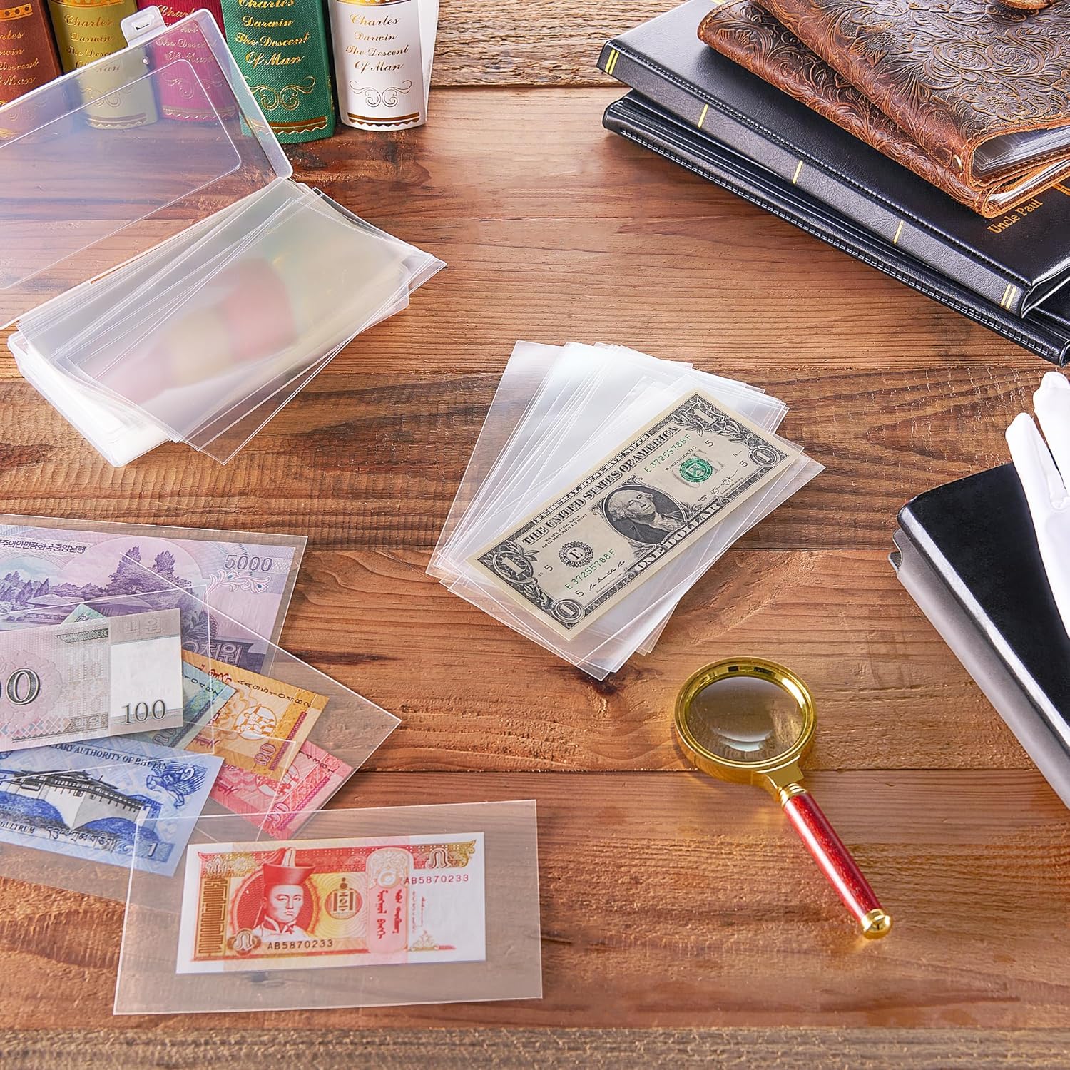 100 PCS Currency Sleeves - Clear Dollar Holder with Storage Box Banknote Protector for Paper Money Bills Stamps Collection Supplies