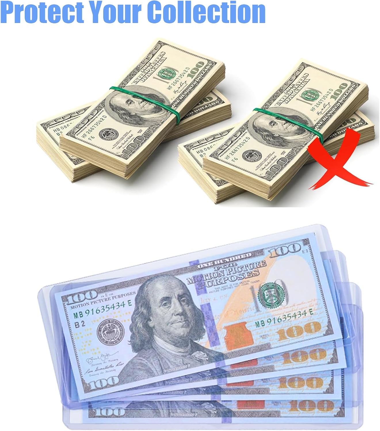 32 Pack Dollar Bill Sleeves, 6.8" x 2.9" Banknotes Top-Insert Holders, Hard Plastic Clear Money Holder, Waterproof Currency Sleeves Dollar Display Protector Organizer Case Supplies for Collectors - Image 3