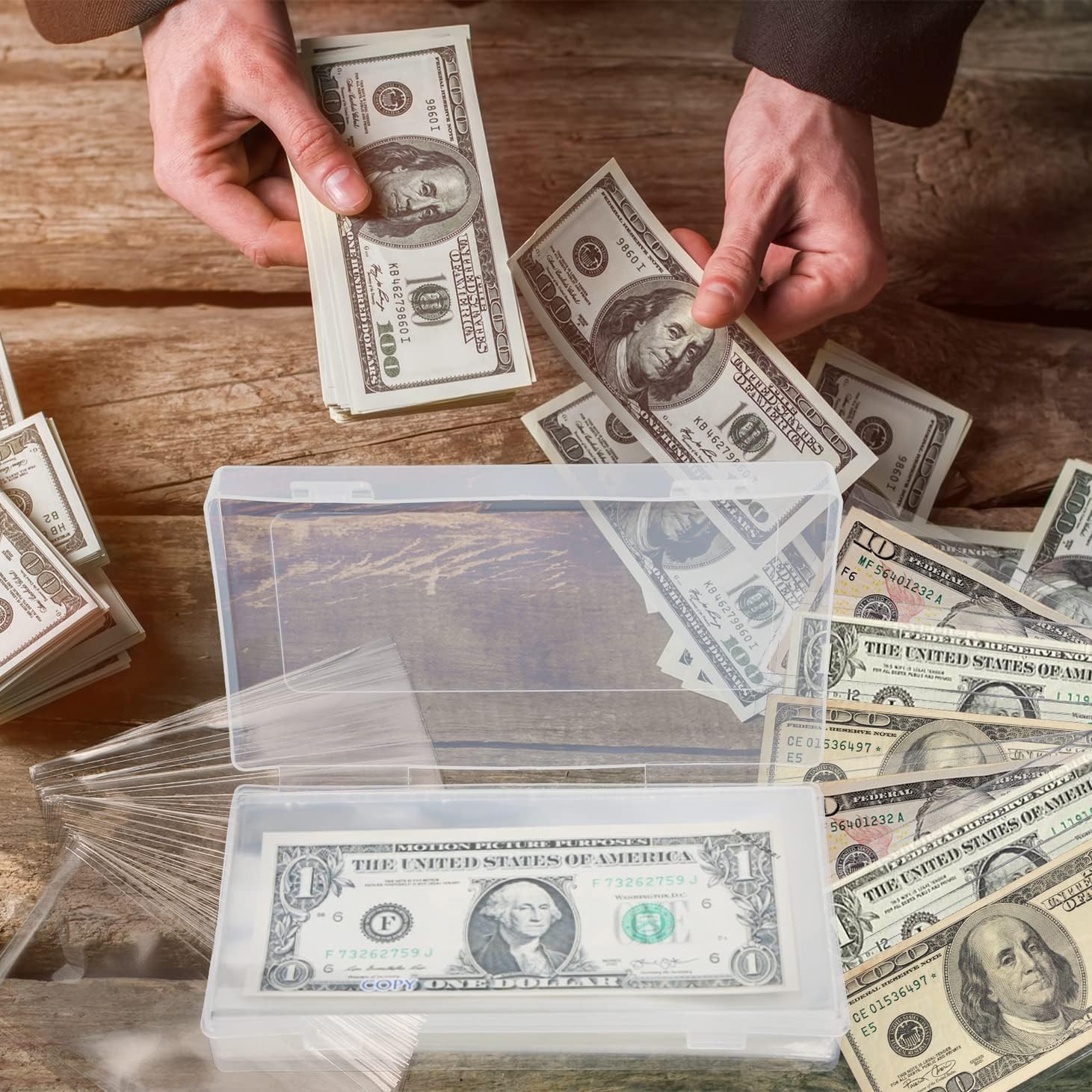 200 Pieces Currency Sleeves, 6.8 x 3.18 inch Dollar Bill Holder with Storage Case for Collectors, Dollar Coin Holder, Clear Plastic Paper Money Sleeves Organizer for Bills, Banknotes,Stamp Paper