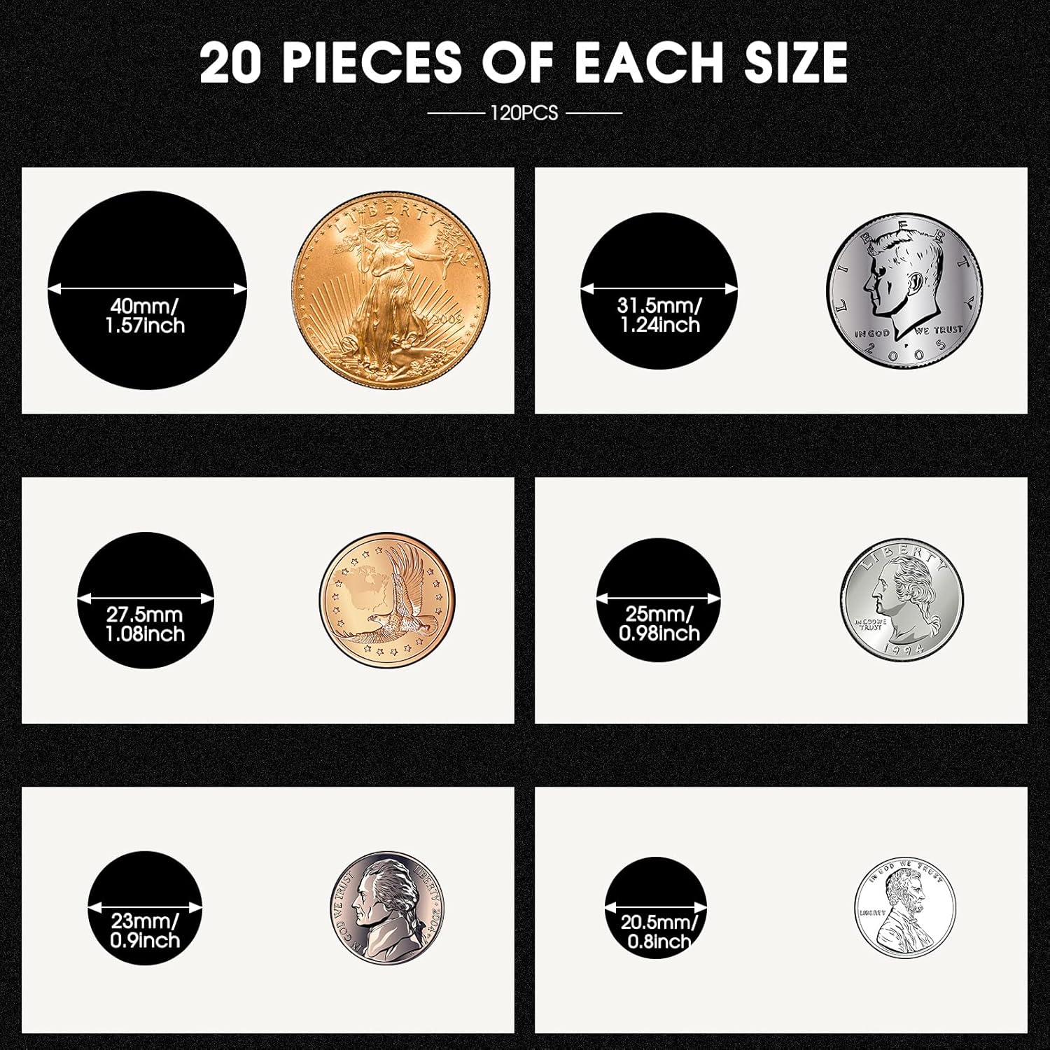 Alternative view of Outus 120 Self Adhesive Coin Holders, Cardboard 2x2 Holders, 6 Assorted Sizes Coin Flips Collection Supplies Collecting Cardboard Accessories for Collectors (6 Size)