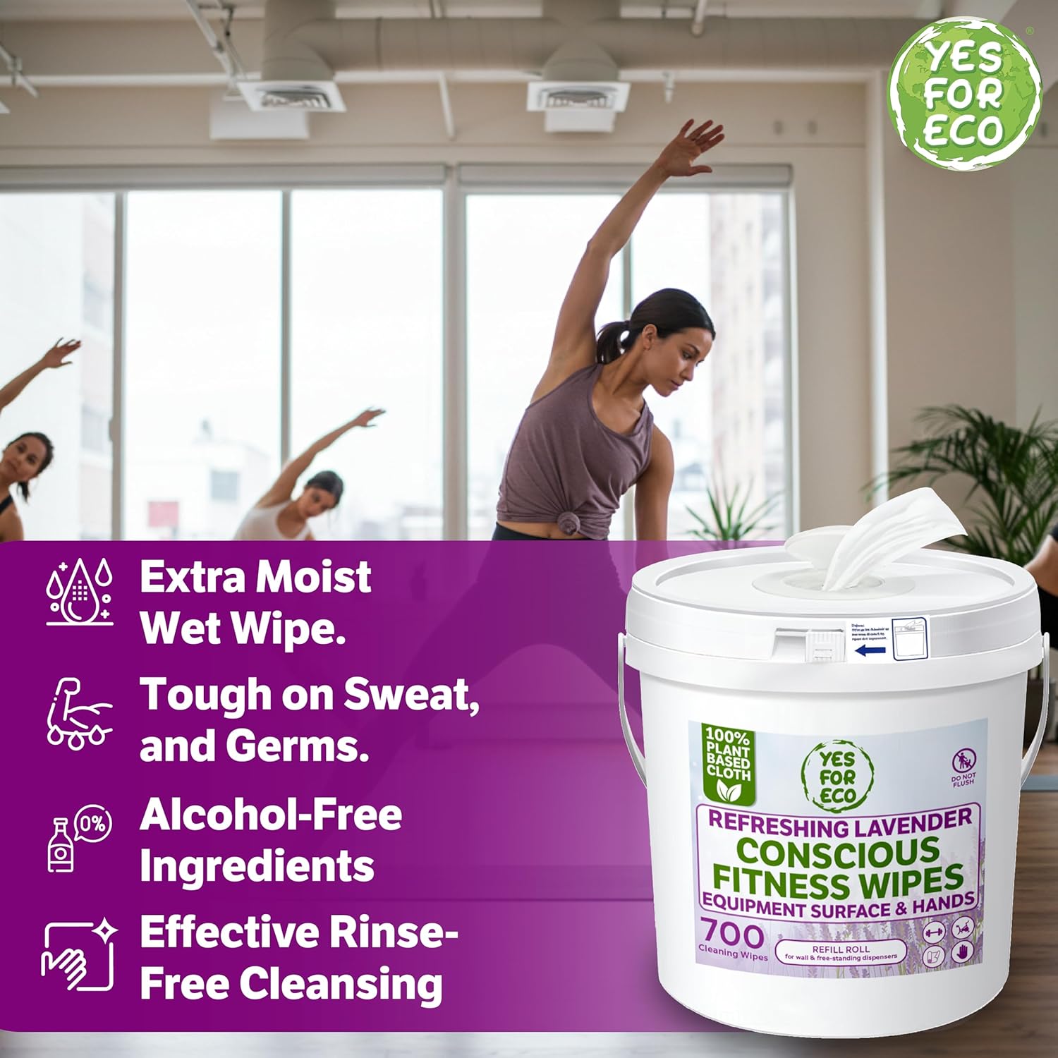 Plant-Based Eco-Conscious Fitness Wipes u2013 700 Count Refill + Reusable Dispenser Bucket | Infused with Lavender & Tea Tree Oil | All-Purpose Cleaning Wipes for Yoga, Pilates, and Gym Equipment