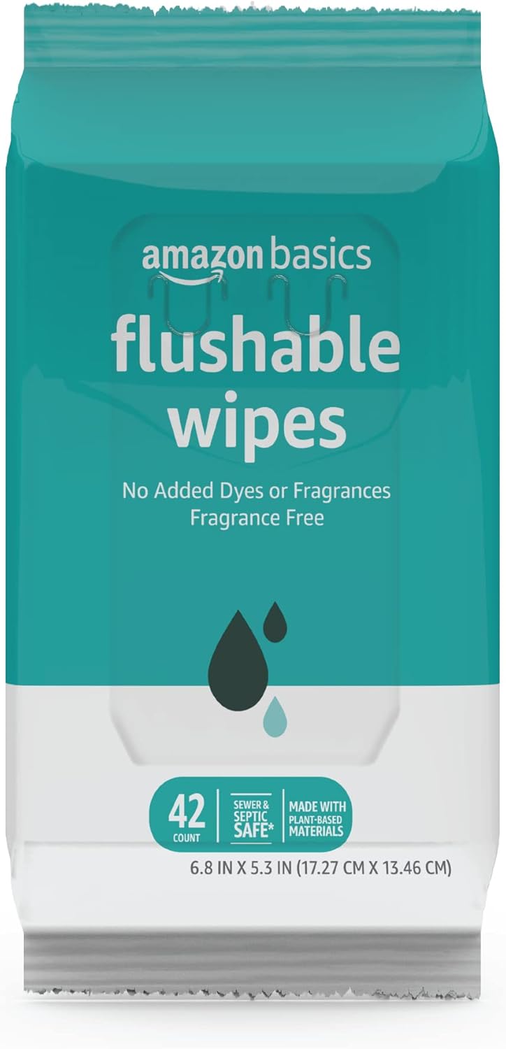 Amazon Basics Flushable Adult Toilet Wipes, Fragrance Free, 42 Count (Pack of 8) (Total 336 wipes) (Previously Solimo)