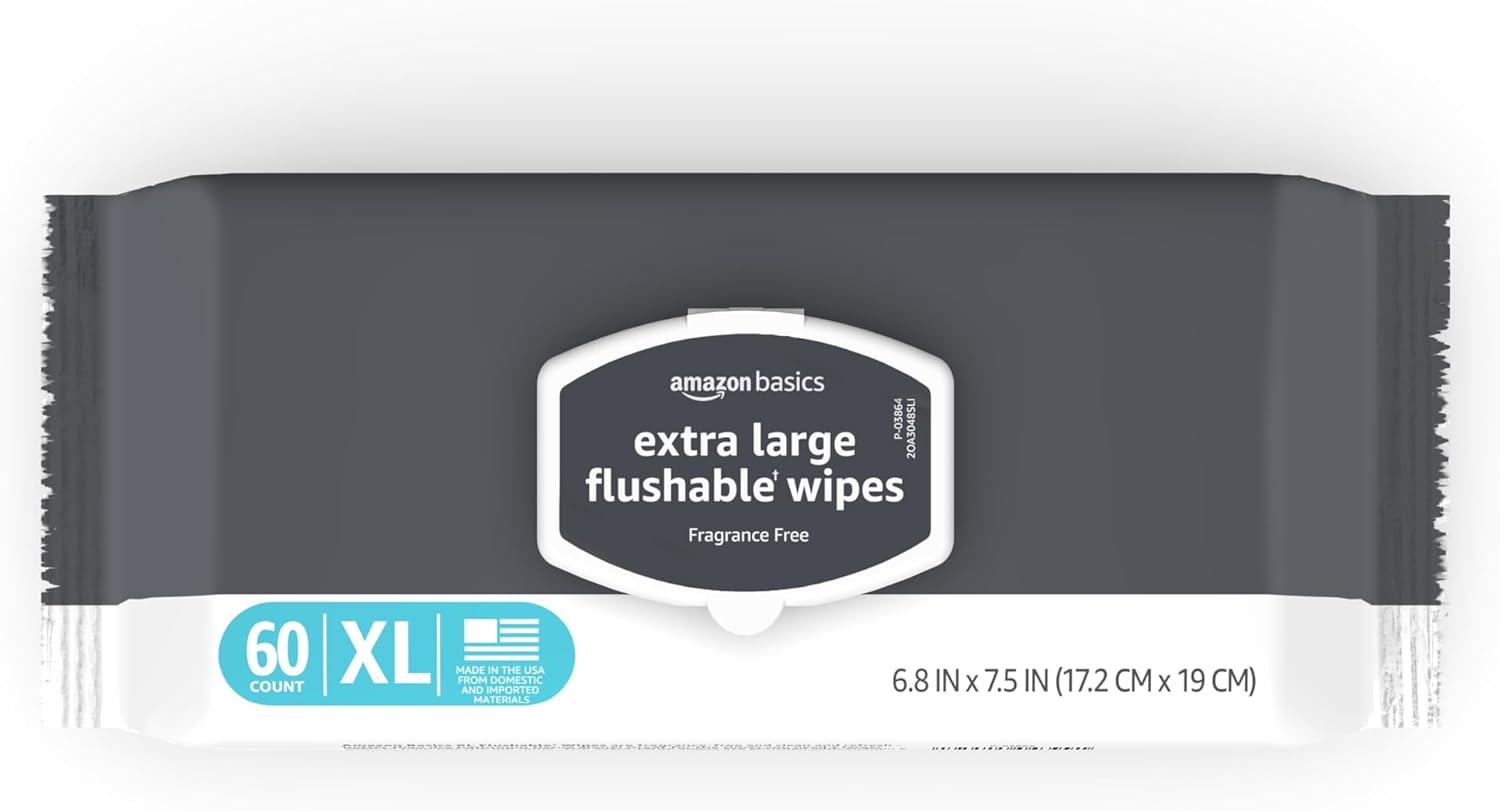 Amazon Basics Extra Large Flushable Wipes, 360 Wipes (6 Packs of 60), Adult Wet Wipes and Resealable Closure