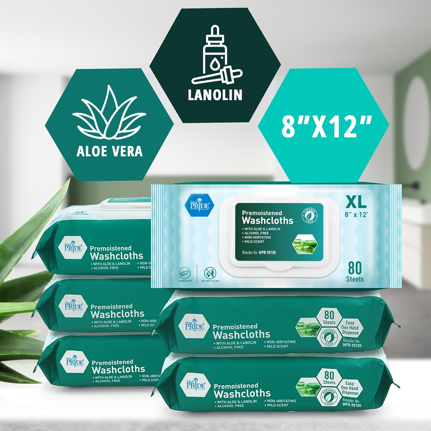 MED PRIDE Extra Soft XL Premoistened Disposable Adult Washcloths 8u201D X 12u201D Bath Wipes for Sensitive Skin with Aloe Vera, Case of 480 (80ct, Pack of 6)