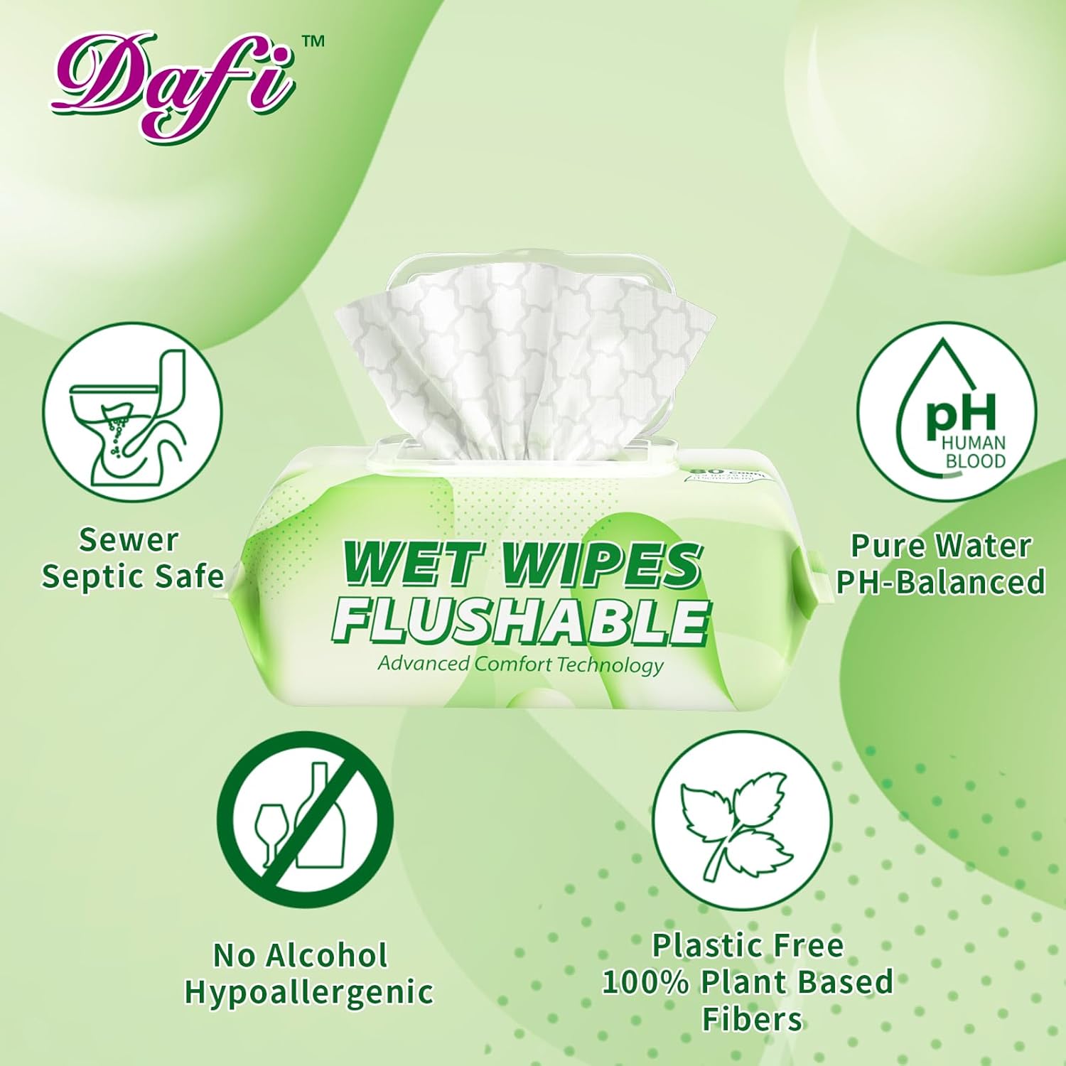 DAFI Flushable Wipes for Adult Wet Wipes, Total 720 Unscented Toilet Wipes Flushable, No Alcohol & 100% Plant Based Fibers, Septic and Sewer Safe Pack of 9