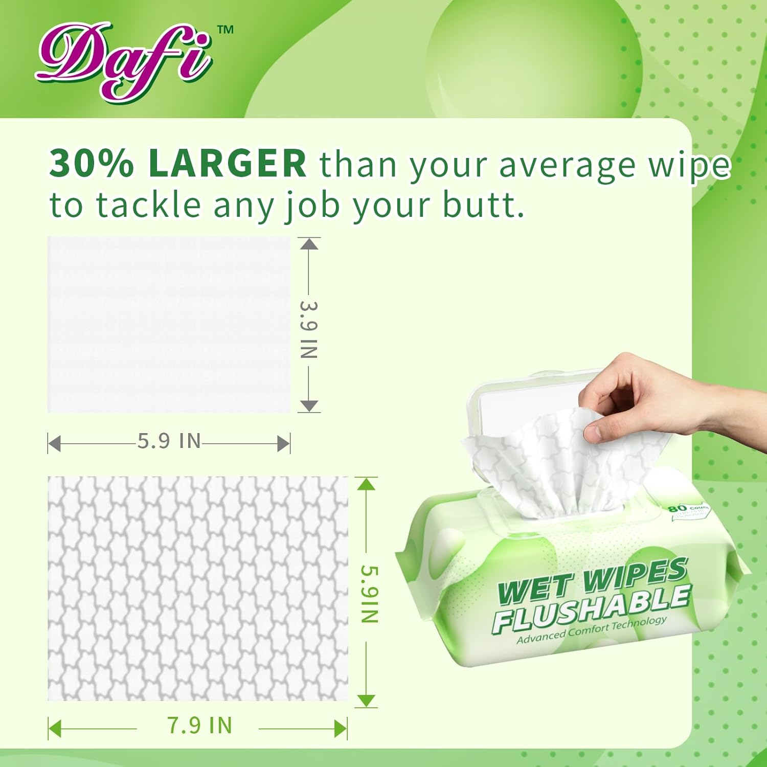 Alternative view of DAFI Flushable Wipes for Adult Wet Wipes, Total 720 Unscented Toilet Wipes Flushable, No Alcohol & 100% Plant Based Fibers, Septic and Sewer Safe Pack of 9
