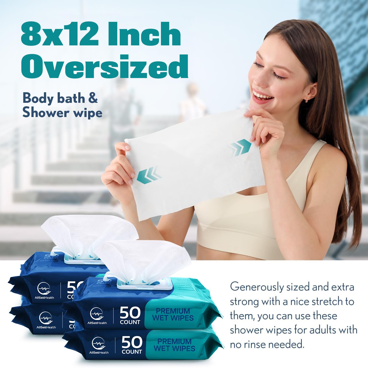 Alternative view of Body Wipes for Adults Bathing No Rinse - Adult Wipes for Elderly 8" x 12" (200 count) Shower No Rinse, Incontinence Disposable Washcloths, Aloe Vera, Vitamin E + 4 individual Packs