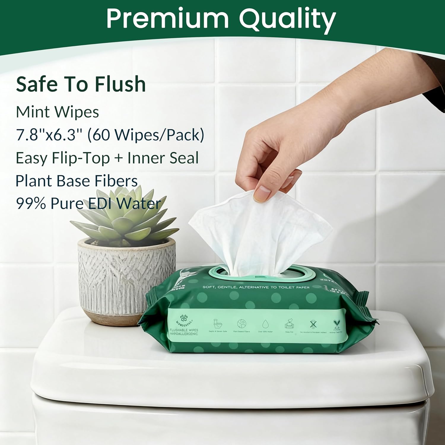 WONDERFUL Flushable Wipes, Mint 100% Plant-Based Wet Butt Wipe for Adults & Kids, Sewer Septic Safe, Gentle for Sensitive Skin, Wipes Flushable Pack for Bathroom & Travel, 6-Pack (360 Counts)