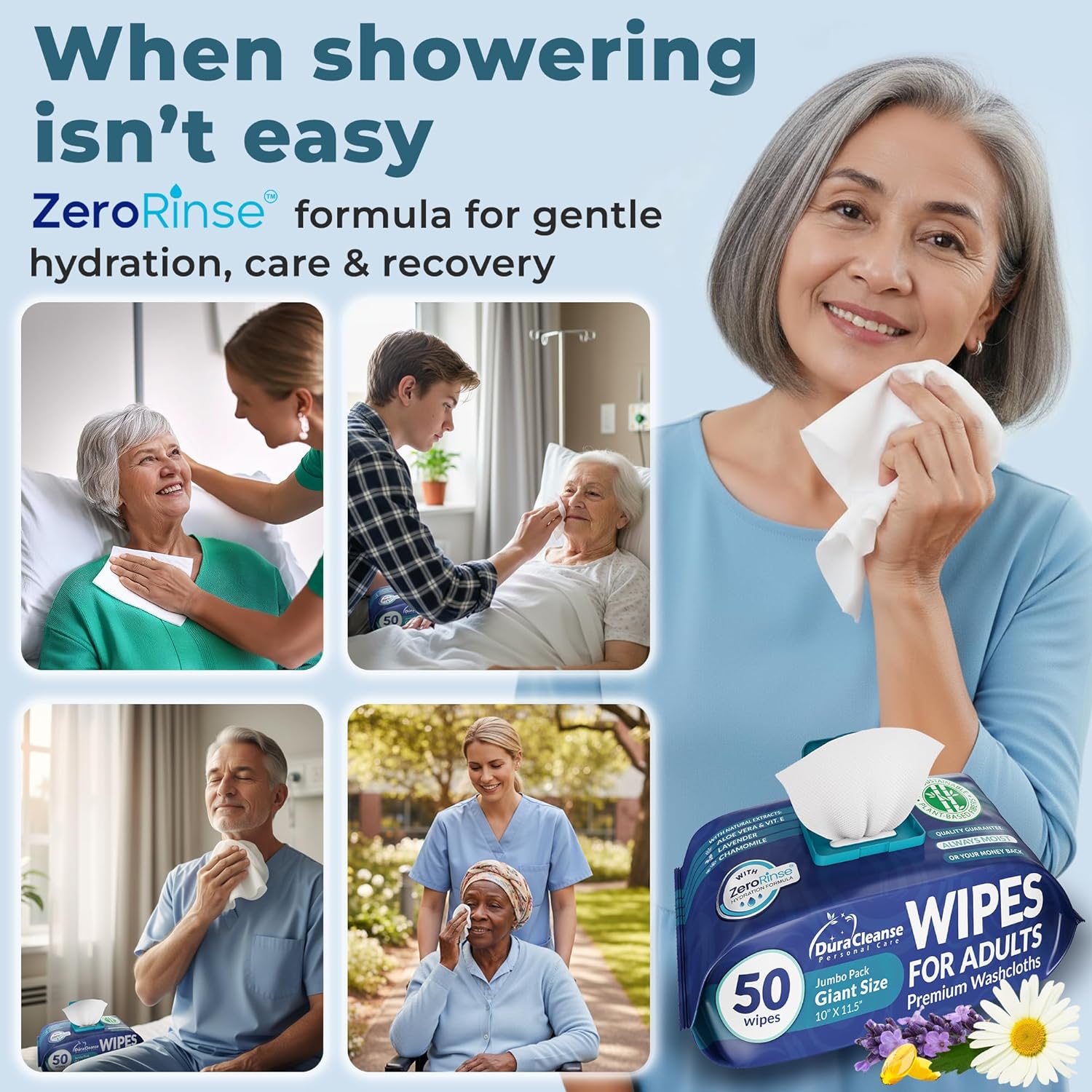 XL Bath Wipes for Adults Bathing No Rinse (2pk) 100 Ct. + 8 Travel Body Wipes 10 x 11.5" Adult Disposable Washcloths for Elderly Incontinence - After Surgery Must Haves Supplies & Elder Care Products