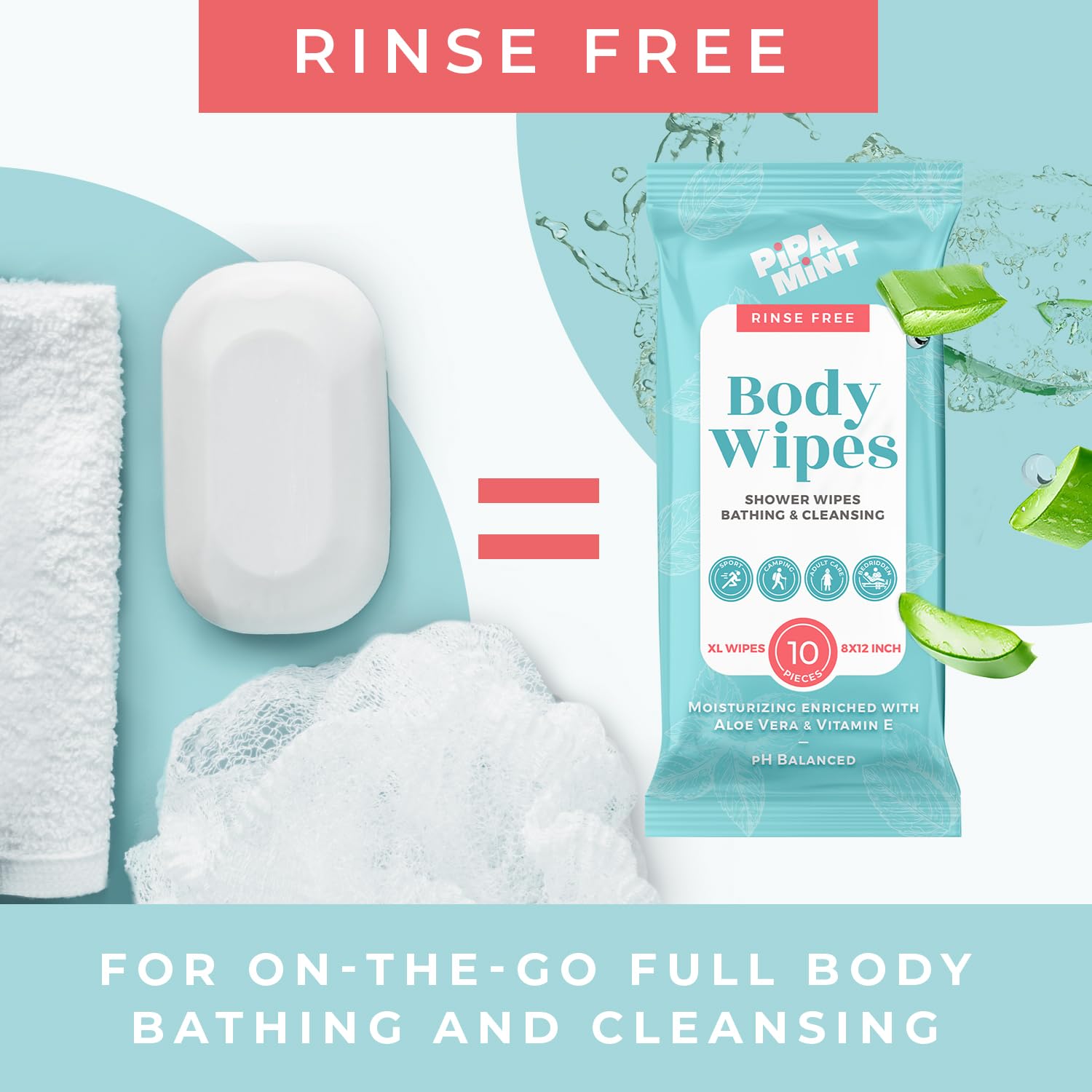 Body Wipes XL Shower Wipes Body Wipe for Adults Bathing, Traveling, Camping, Gym, Car, Elderly, Bedridden - Disposable Washcloths for Adults No Rinse 1 Box, 5 Pack (50 ct)