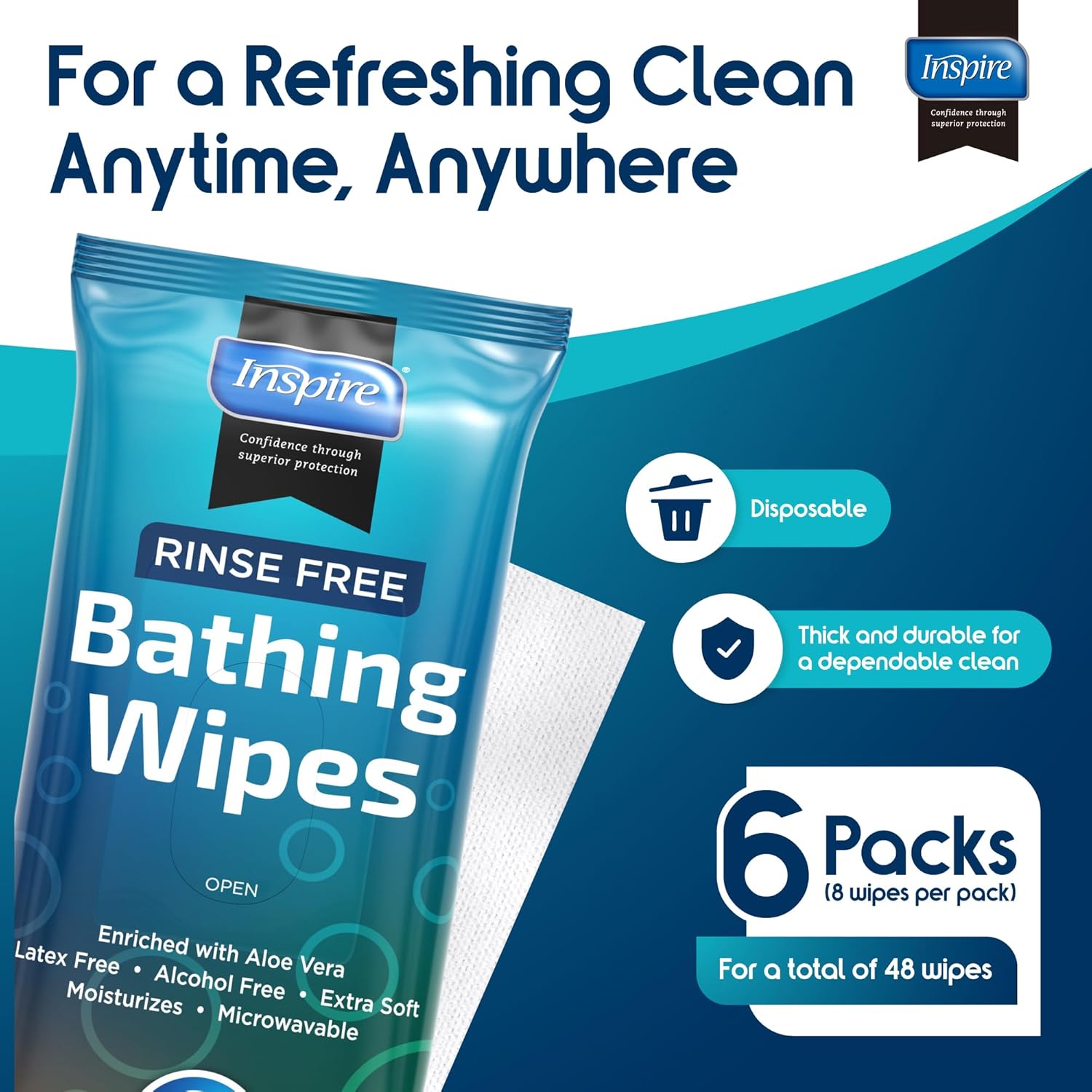 Alternative view of Body Wipes for adults bathing no rinse | Adult Wash Cloths Extra Large, Bathing Wipes for Incontinence, 8"x 8" In (48 count) | By Inspire