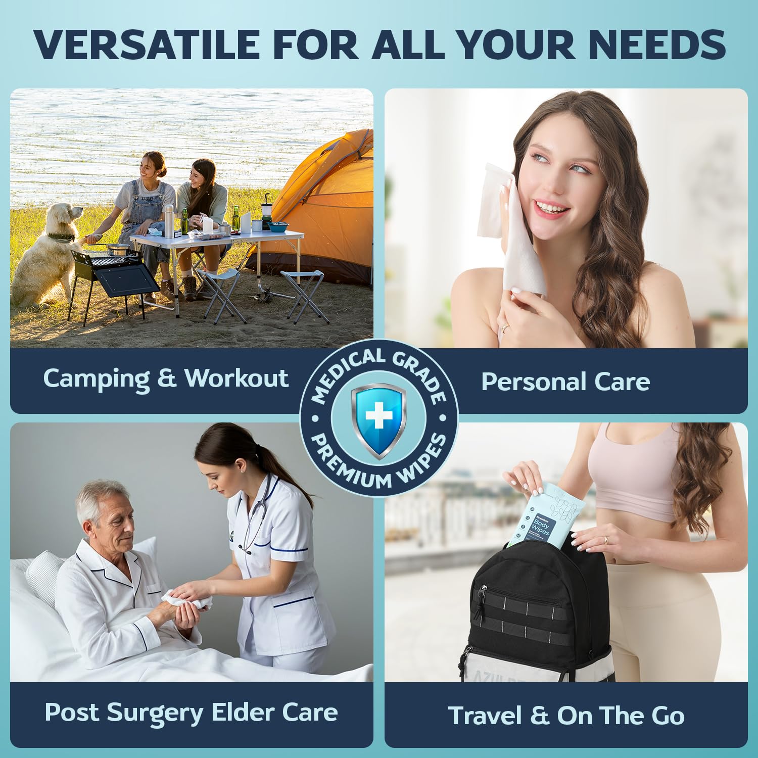 Alternative view of 60 XL Shower Wipes u2013 Body Wipes for Adults Bathing No Rinse u2013 6 Packs of 10 u2013 Extra Moist Bath with Aloe & Vitamin E for Camping, Travel, Gym & Bedridden Care