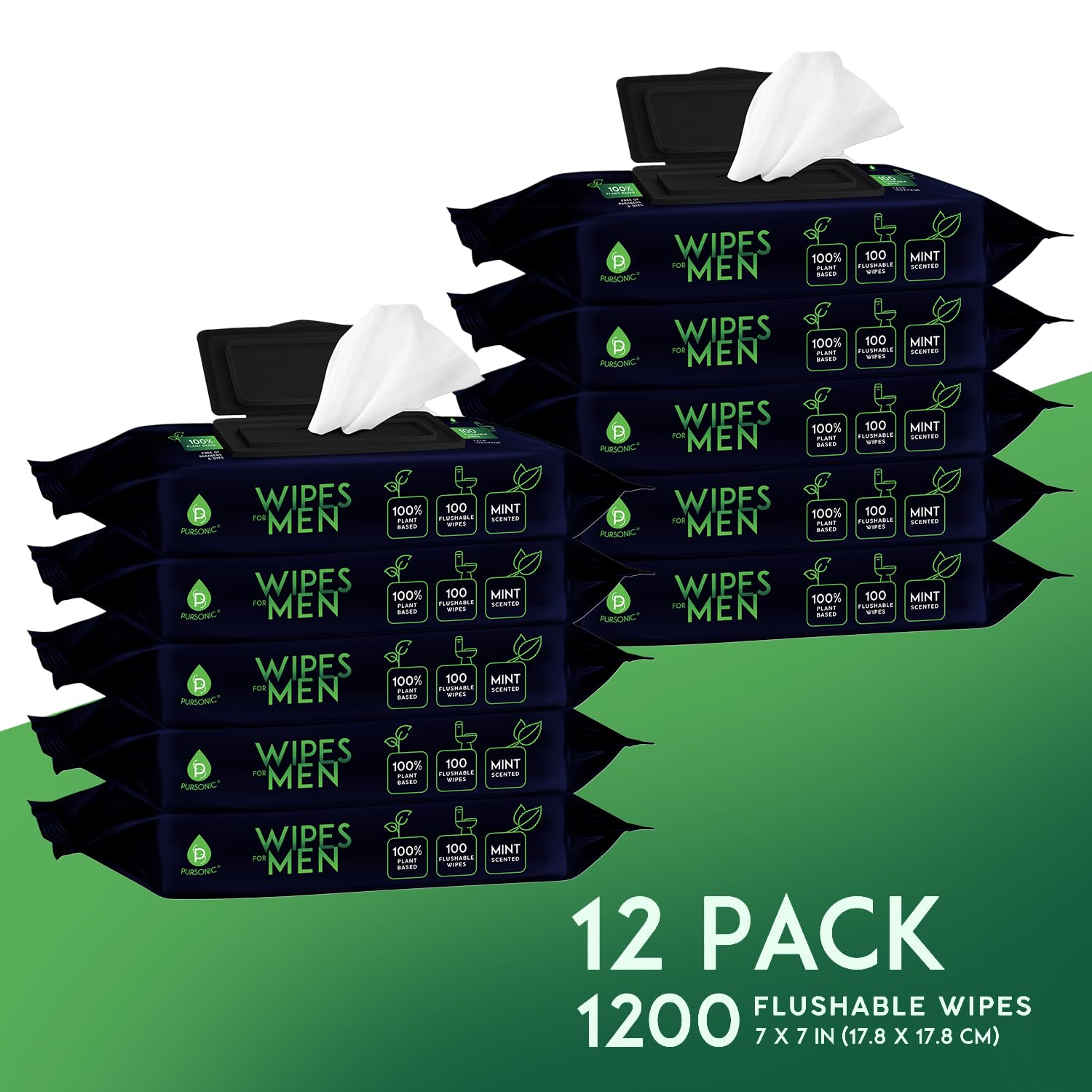 Pursonic Soft Mint Scented Flushable Wipes for Men - 12 Pack (1200) Plant Based Face and Body Wipes with Aloe Vera & Vitamin E - Extra Large Wipes for Gentle & Thorough Cleansing