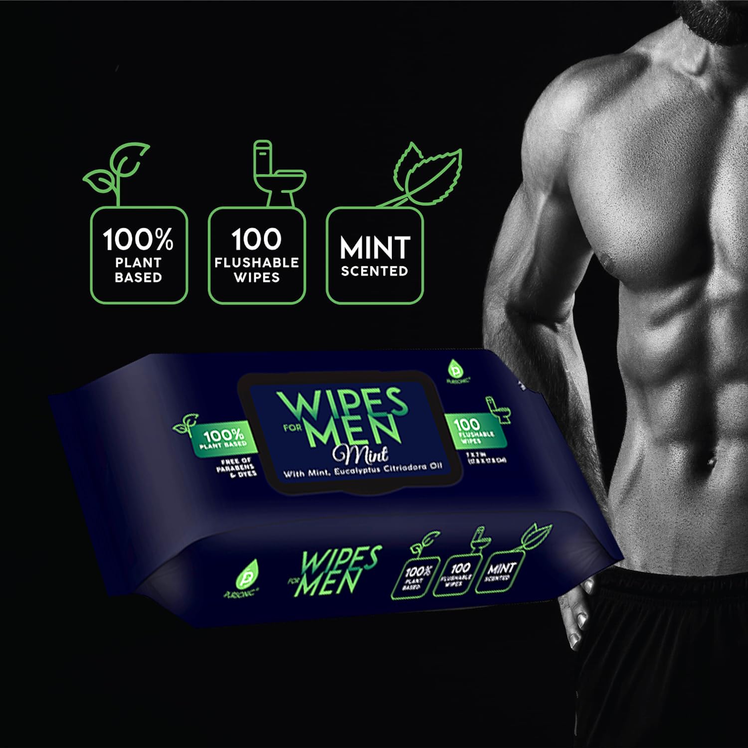 Alternative view of Pursonic Soft Mint Scented Flushable Wipes for Men - 12 Pack (1200) Plant Based Face and Body Wipes with Aloe Vera & Vitamin E - Extra Large Wipes for Gentle & Thorough Cleansing