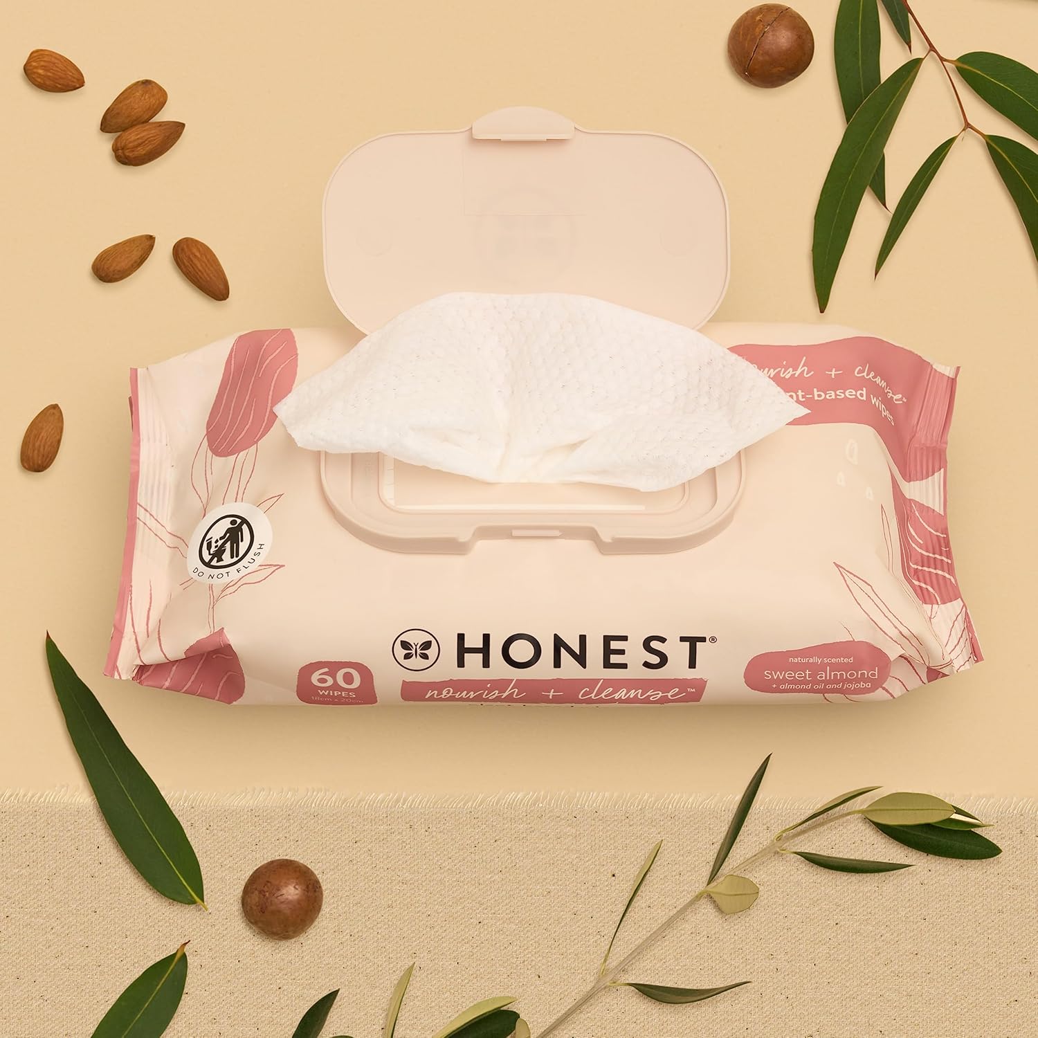 The Honest Company Nourish and Cleanse Naturally Scented Wipes, Cleansing Multi-Tasking, 99% Water, Plant Based, Hypoallergenic, Sweet Almond, 60 Count