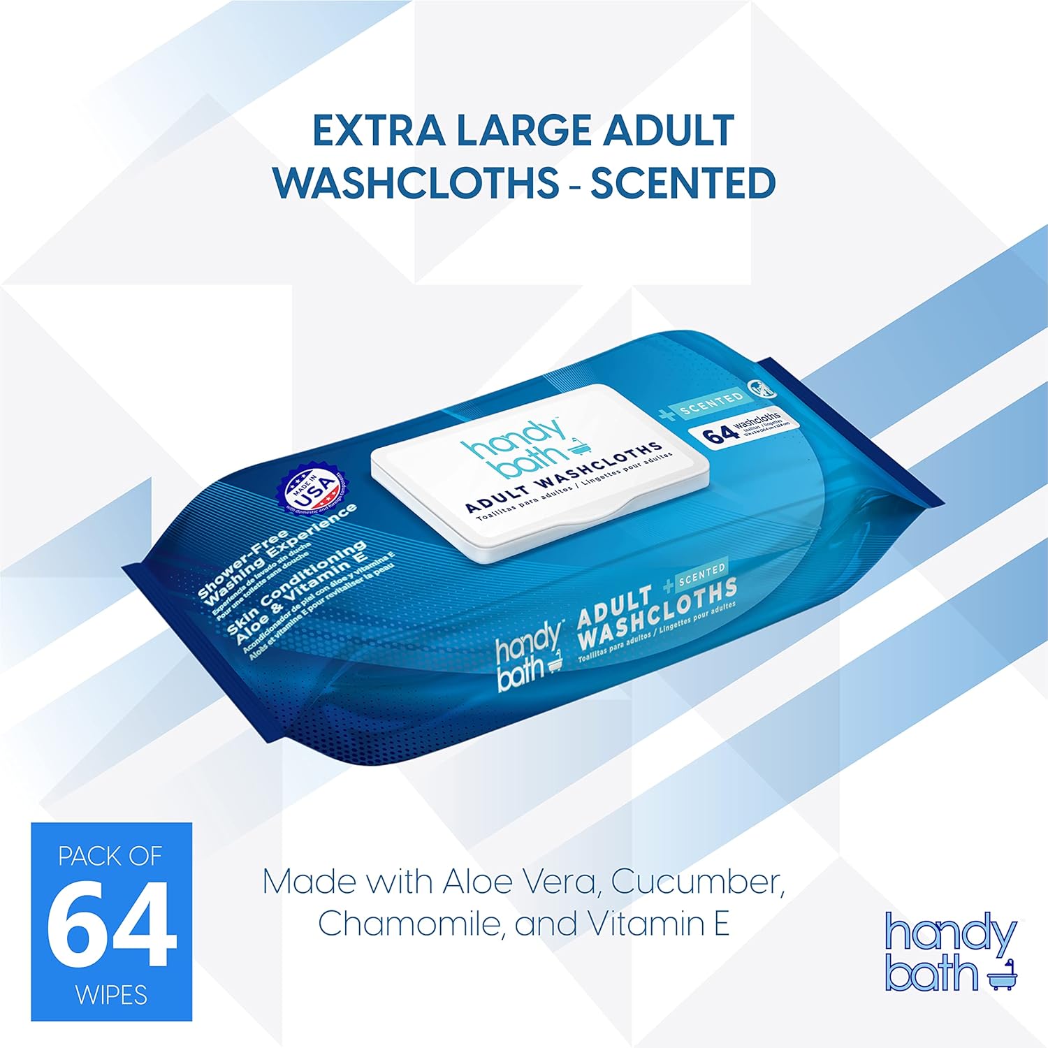 Alternative view of Handybath Adult Washcloths Scented, Extra Large Cleaning Wipes with Aloe Vera & Chamomile, 64 Wipes - Senior Care, Outdoor Activities, Travel Essentials