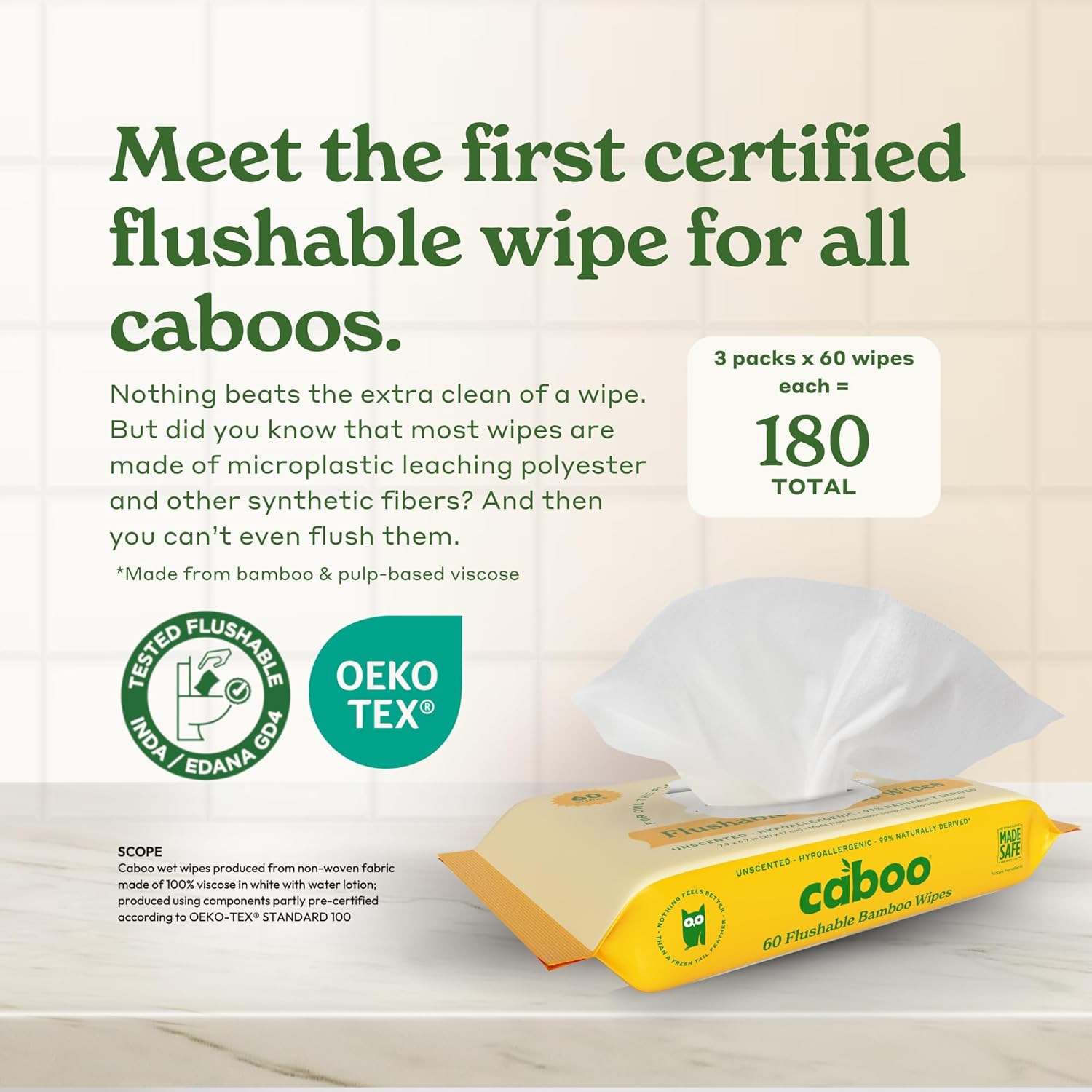 Caboo Tree Free Flushable Wipes, Certified Flushable, Septic Safe, Biodegradable, Chemical Free, Unscented Wipes for Adults made with Renewable Bamboo Based Viscose (Pack of 3, Total of 180)