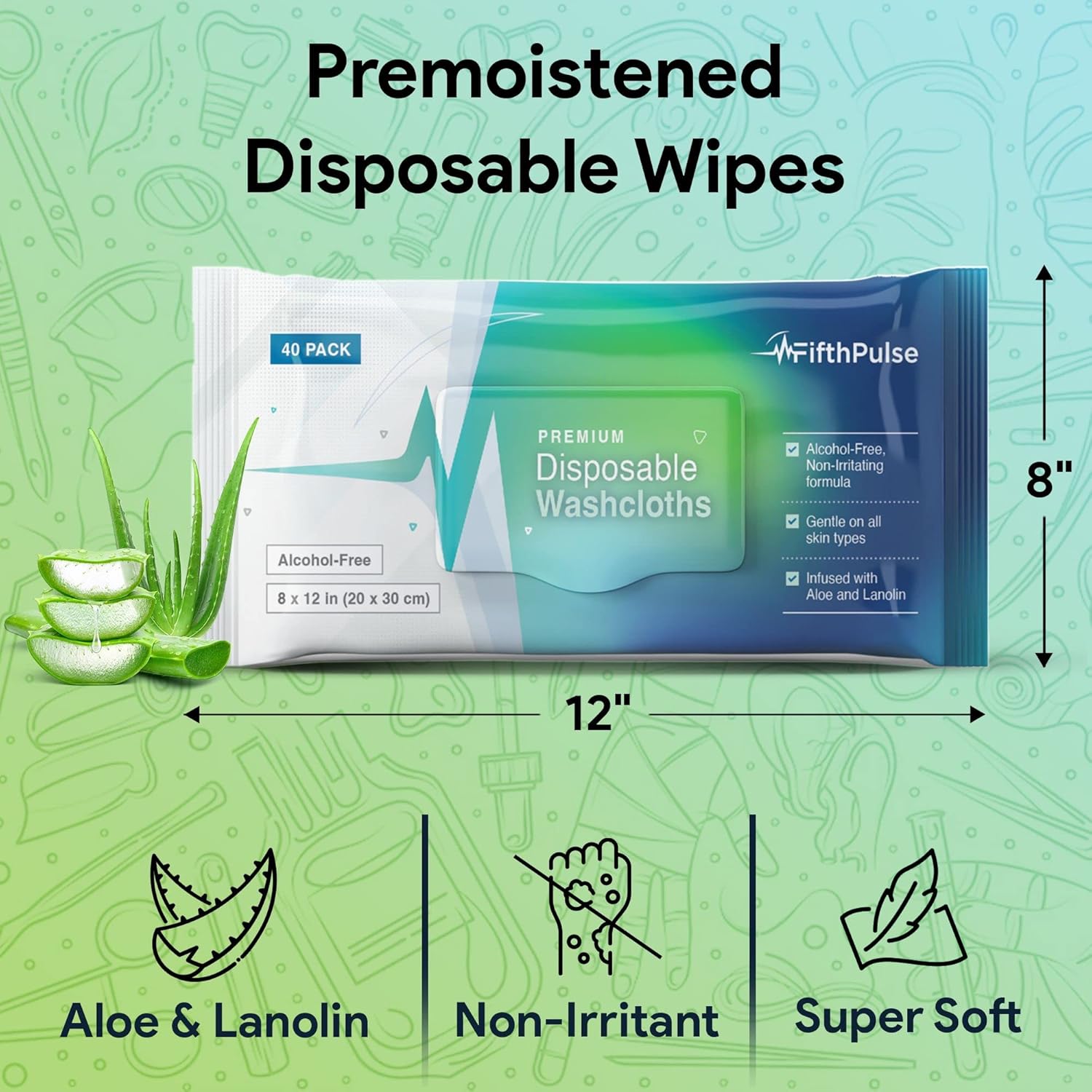 Disposable Body Wipes For Adults 80 Count (2 x 40 Packs) - Premoistened Washcloths For Elderly Bathing Infused With Aloe and Lanolin -Alcohol-Free Adult Wet Wipes, Extra Large 8u201D x 12u201D Wash Cloth