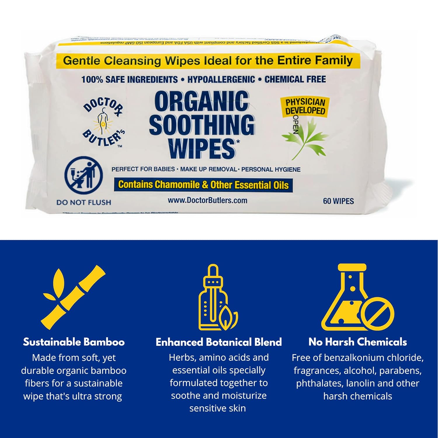 Doctor Butler's Soothing Wipes u2013 All-Purpose Wet Wipes for Sensitive Skin, Face Wipes, andBaby wipes with Chamomile and Essential Oils* (1 Pack u2013 60 Count)