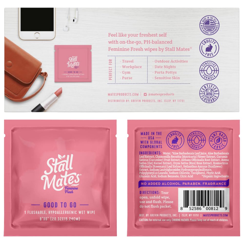 Alternative view of Stall Mates Wipes Feminine Fresh - Flushable | Individually Wrapped Cleansing Travel Friendly PH balanced Unscented with Sunflower, Rosemary and Aloe (30 on-the-go singles)