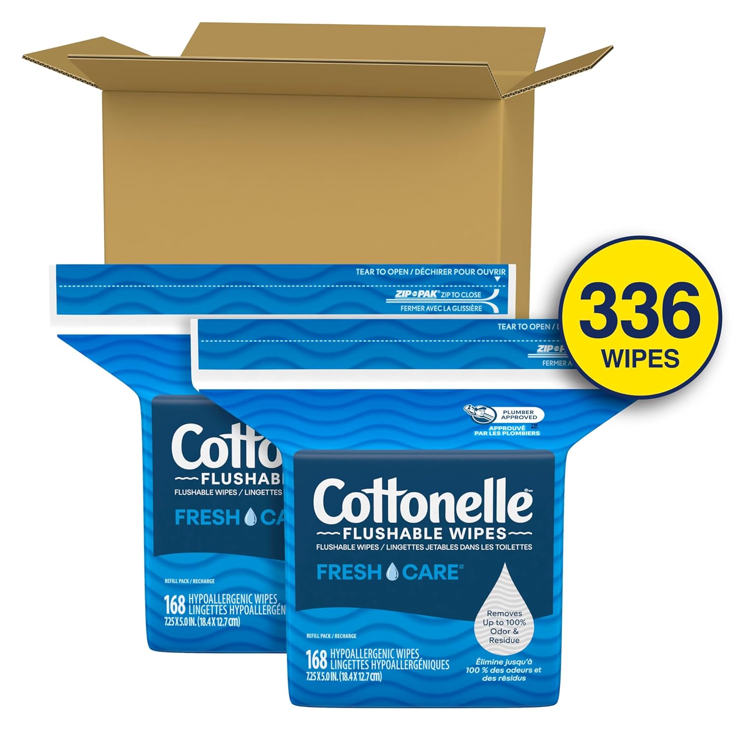 Cottonelle Fresh Care Flushable Wet Wipes, Adult Wet Wipes, 2 Refill Packs, 168 Wipes Per Pack (336 Total), Packaging May Vary