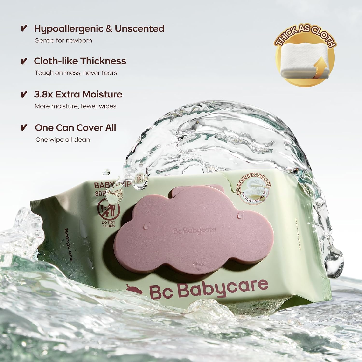 Alternative view of Bc Babycare Cloud MoistBaby wipes, Thick & XL, 99% Water, Ultra-Hydrating, Unscented, Hypoallergenic for Sensitive Skin, Biodegradable, 3 Flip-Top, 240 Count
