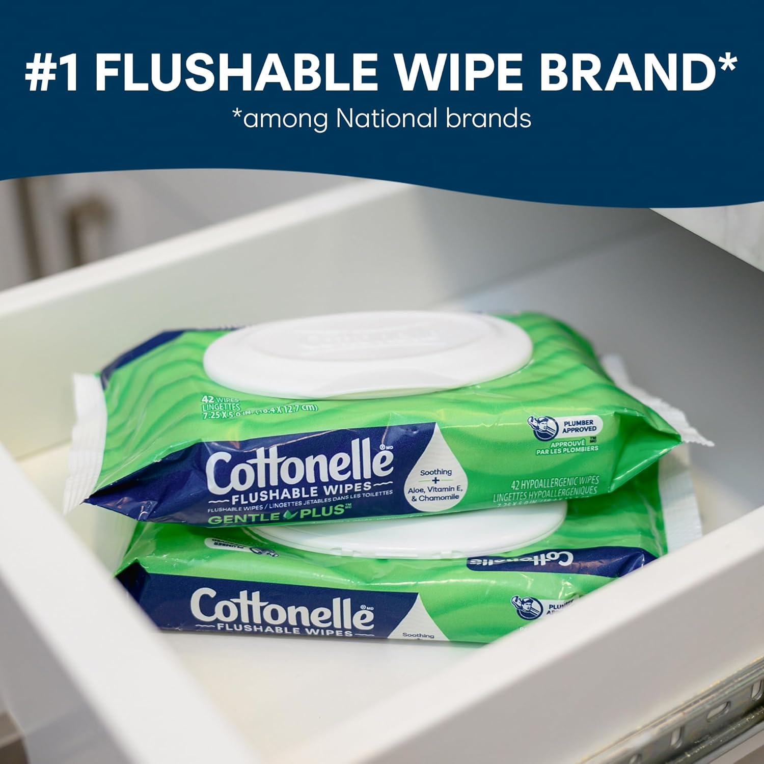 Cottonelle GentlePlus Flushable Wet Wipes with Aloe & Vitamin E, 8 Flip-Top Packs, 42 Wipes Per Pack (336 Total Wipes), Packaging May Vary