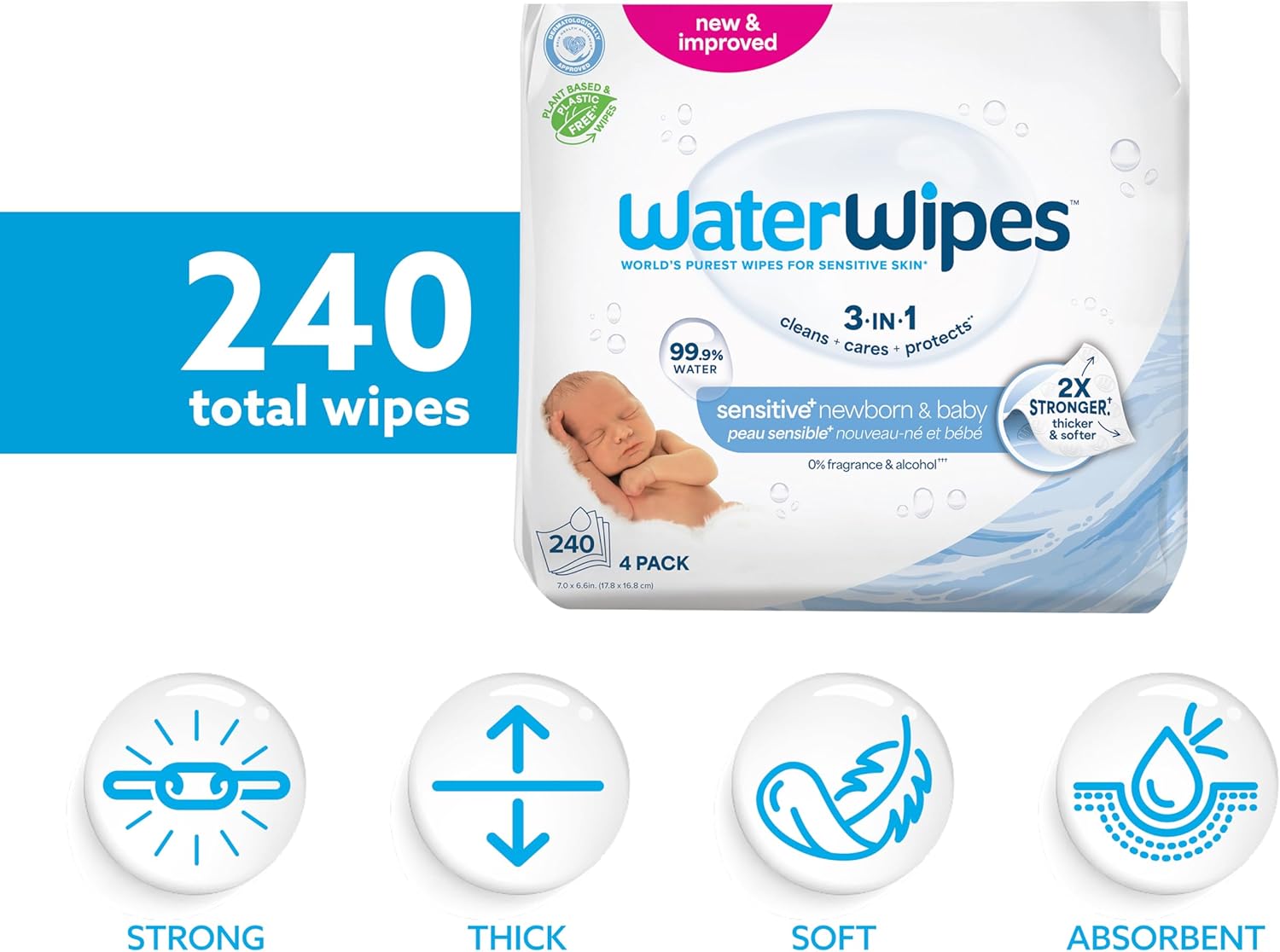 WaterWipes Sensitive+ Newborn &Baby wipes, 3-In-1 Cleans, Cares, Protects, 99.9% Water, Unscented & Hypoallergenic, 240 Count (4 Packs)