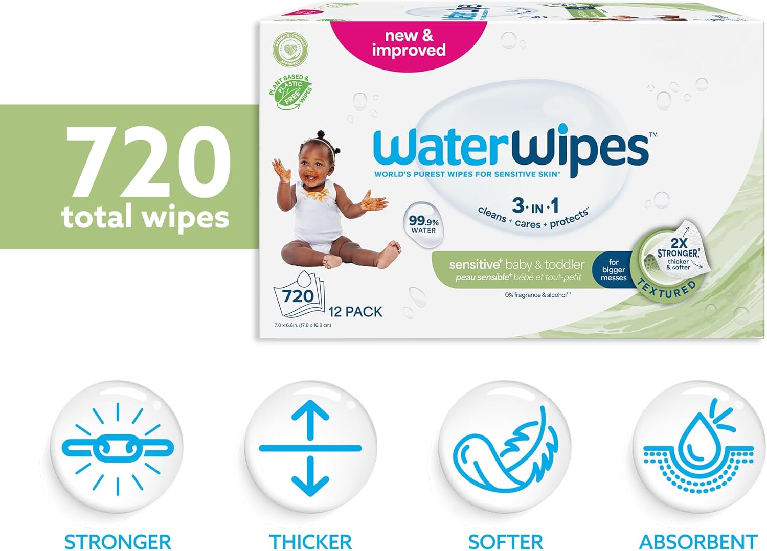 WaterWipes Sensitive+ Baby & Toddler Wipes, 3-In-1 Cleans, Cares, Protects, 99.9% Water, Textured Clean, Unscented & Hypoallergenic, 720 Count (12 Packs)