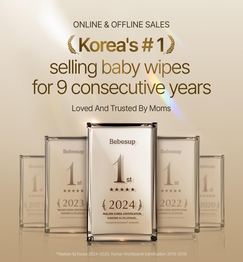 BEBESUP-Koreau2019s #1 SensitiveBaby wipes -Hypoallergenic Water-based Unscented Alcohol-Free Extra-Thick Ｏrganic Superfood Extracts Plant- Based for sensitive skin Flip-Top 640 Count (8 Packs)