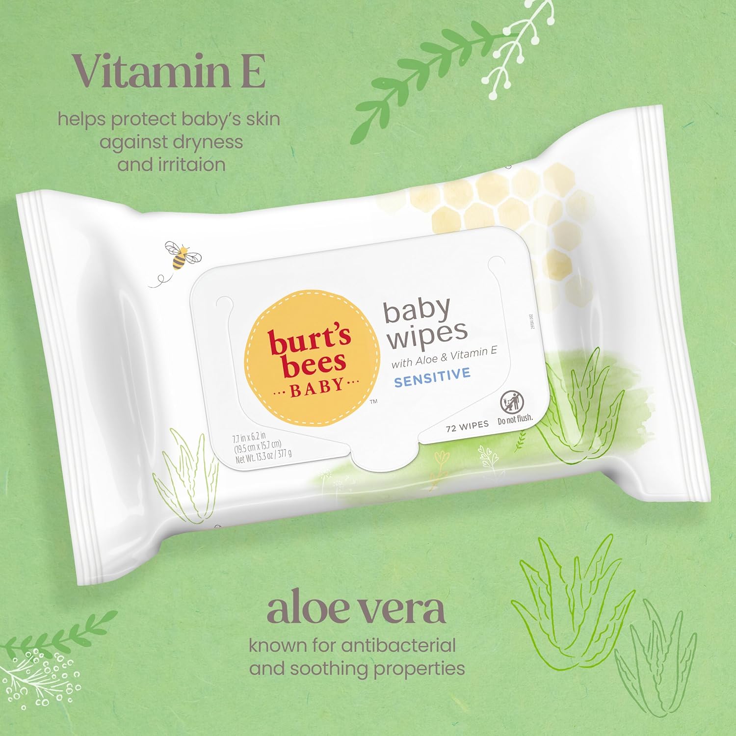 Alternative view of Burtu2019s BeesBaby wipes, Unscented Natural for Sensitive Skin with Aloe and Vitamin E - 72Baby wipes u2013 10 Pack