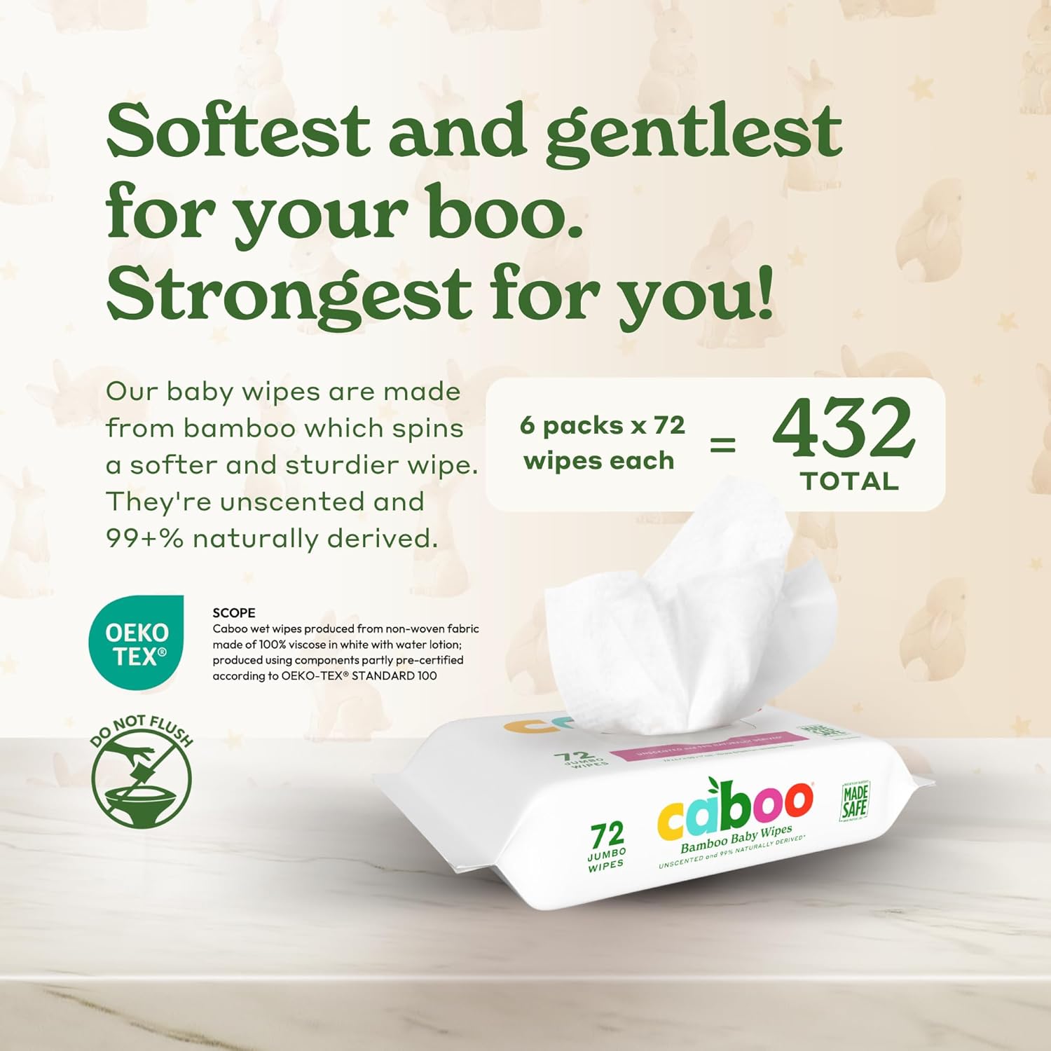 CabooBaby wipes, Made with Bamboo Viscose, Certified Made Safe Ingredients, UnscentedBaby wipes Good for Sensitive Skin, 72 Wipes Per Travel Pack, Total of 432 Wet Wipes