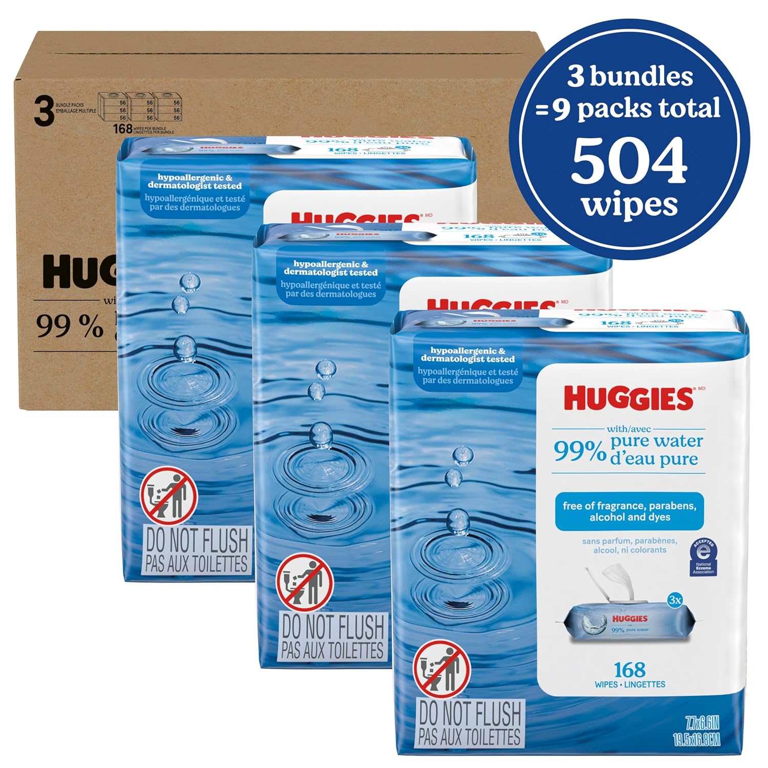 Huggies 99% Pure WaterBaby wipes, Unscented, 9 flip-top packs (3 Packs of 3), 504 Wipes Total, Packaging May Vary