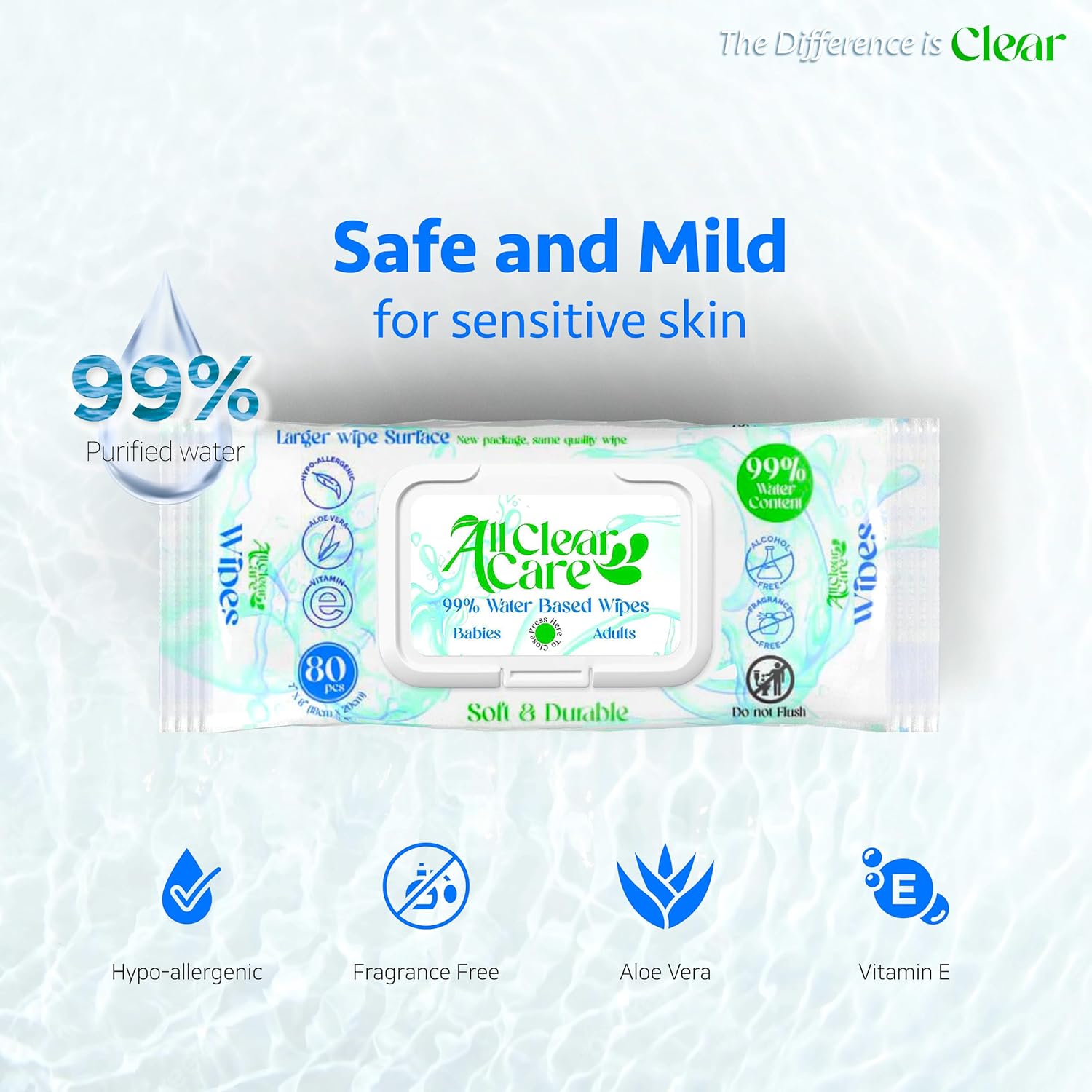 All Clear CareBaby wipes, Unscented Wipes for Sensitive Skin, Large Soft Durable & 99% Water Based, Gentle & Hypoallergenic for Babies & Adults, Vitamin E and Aloe, Flip Top Lid, 6 Pack (480 Wipes)