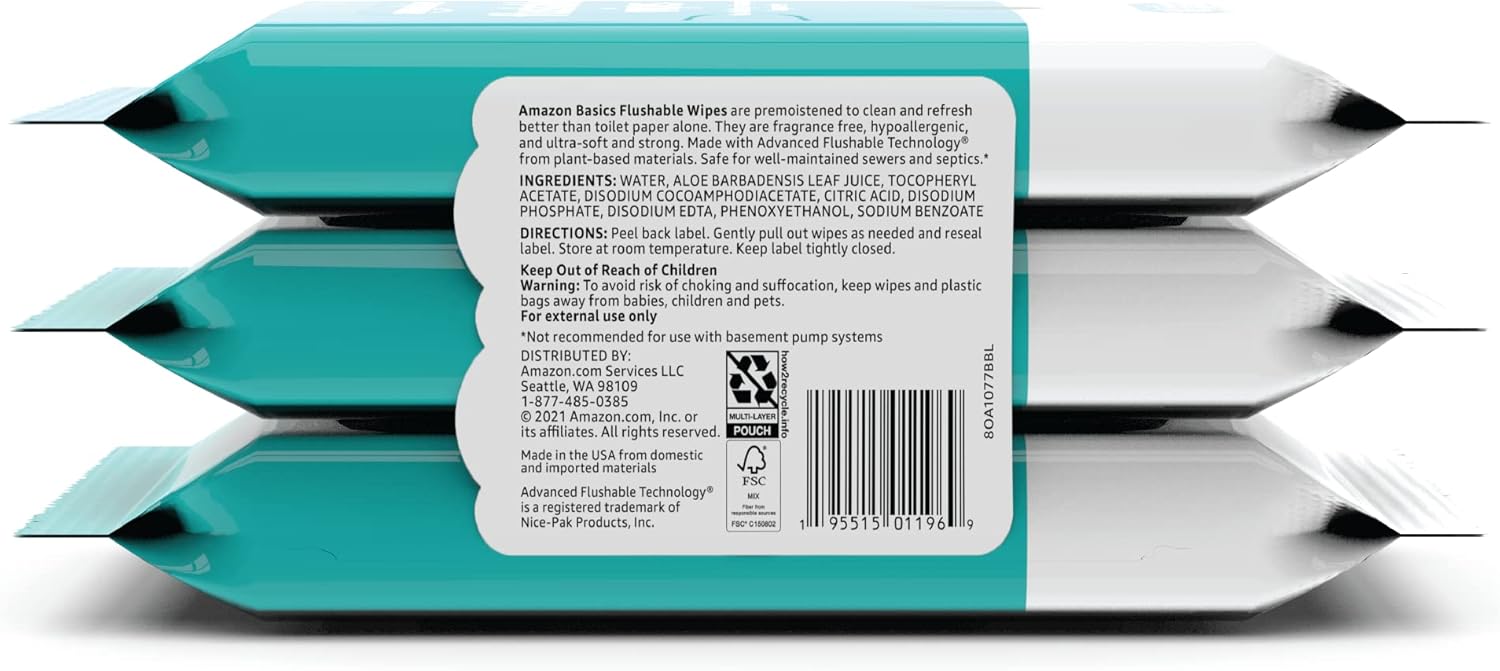 Alternative view of Amazon Basics Adult Wet Wipes Flushable Fragrance Free, 126 Count (3 Packs of 42) Packaging May Vary
