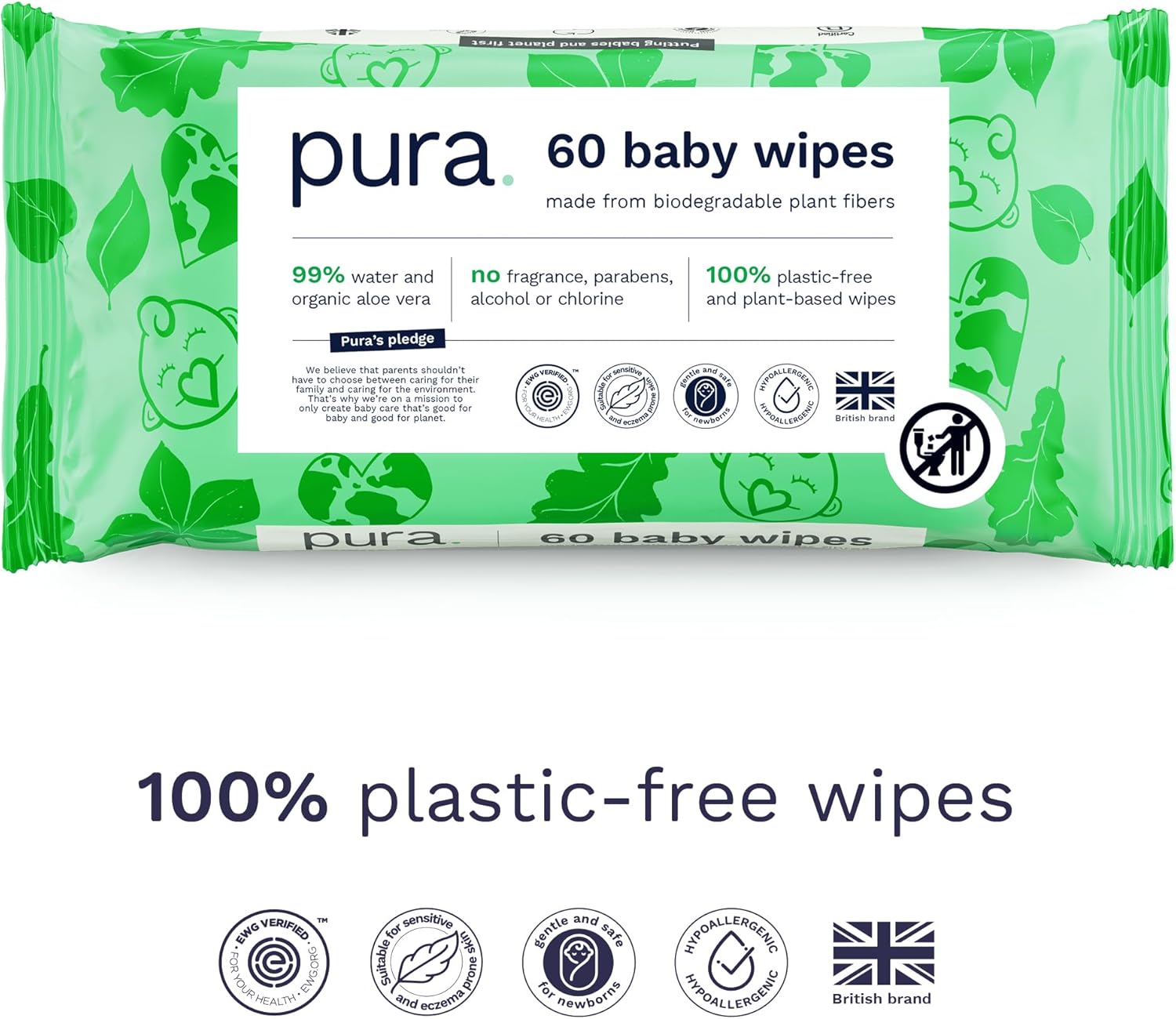Pura Natural SensitiveBaby wipes, 99% Water, Unscented & Hypoallergenic, Suitable for Sensitive & Eczema-prone Skin, Fragrance Free & Hypoallergenic, EWG Verified, 1 Pack of 60 Wet Wipes