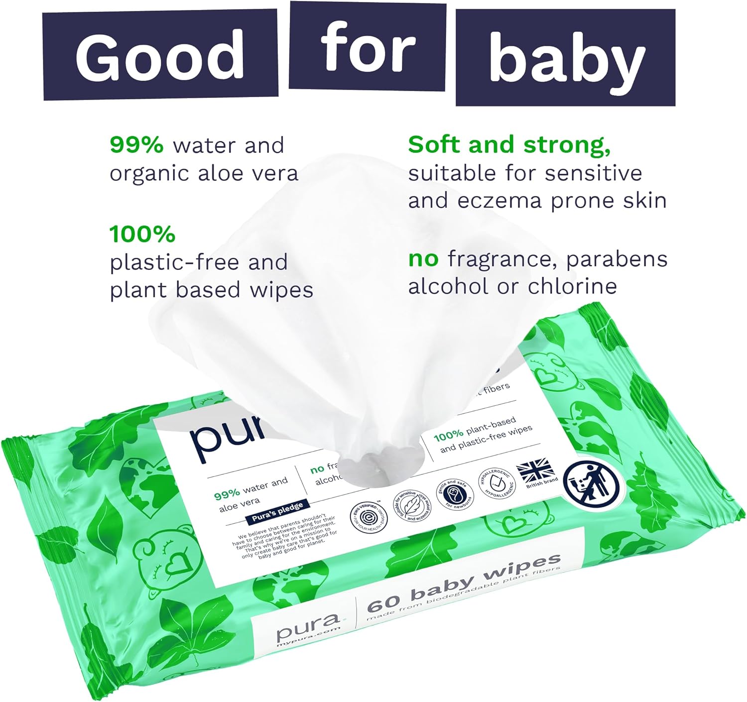 Alternative view of Pura Natural SensitiveBaby wipes, 99% Water, Unscented & Hypoallergenic, Suitable for Sensitive & Eczema-prone Skin, Fragrance Free & Hypoallergenic, EWG Verified, 1 Pack of 60 Wet Wipes
